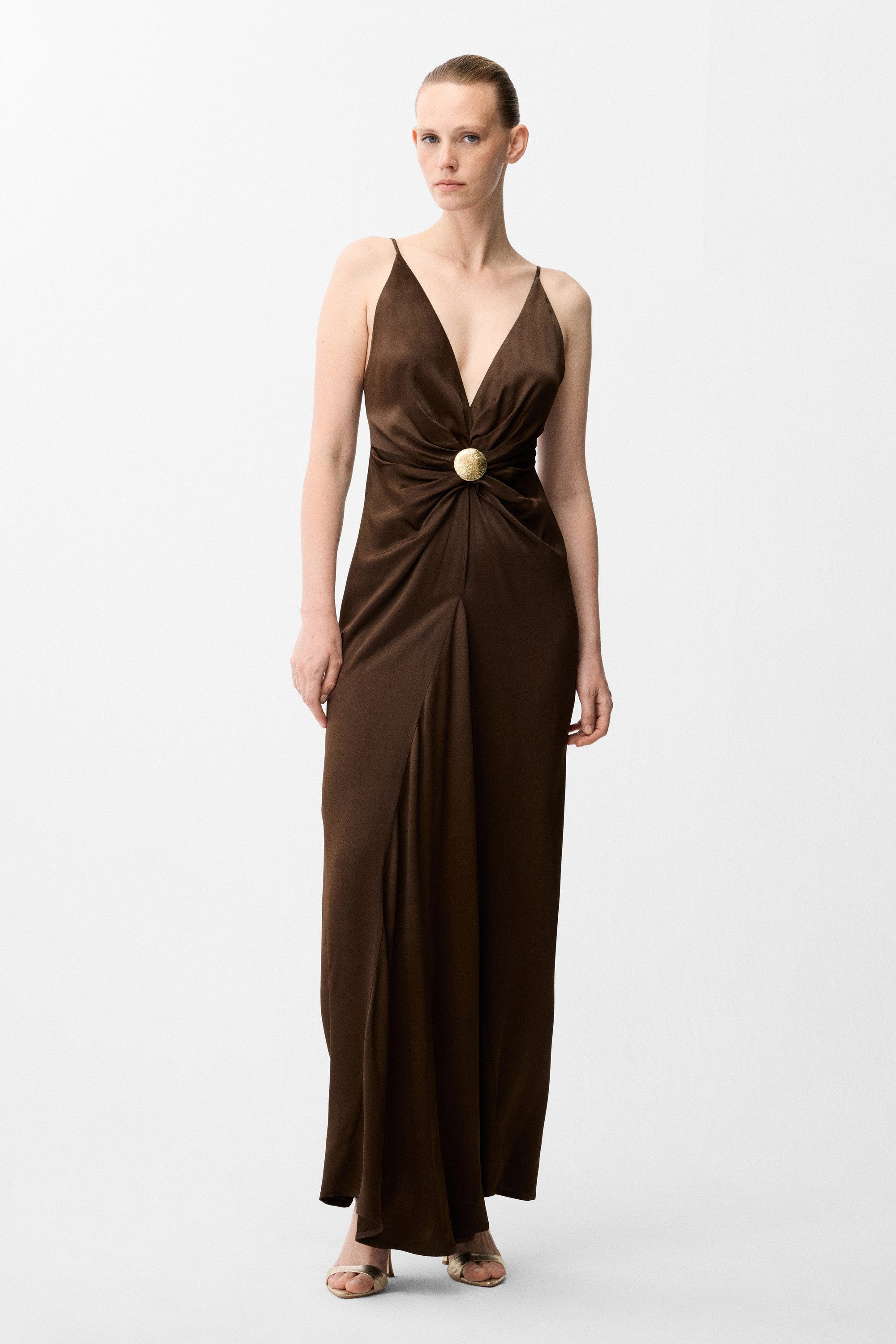 adL Abendkleid Maxikleid mit Spaghettiträgern und Schmuckdetail