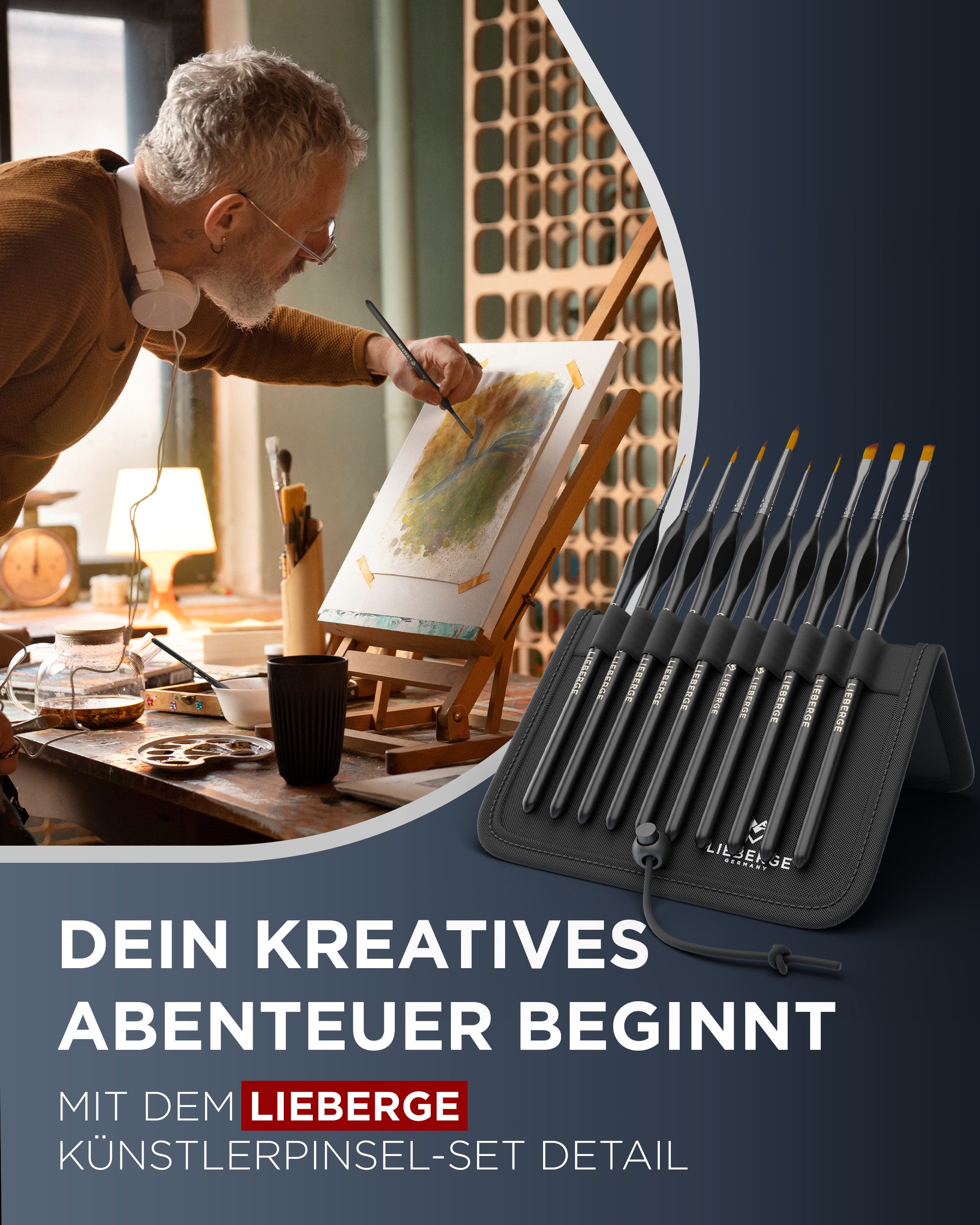 LIEBERGE Malpinsel Premium Set – 10 Detailpinsel für Acryl, Aquarell, inkl. Präsenter, (Set, 10 St., Pinselpräsenter, Flachpinsel, Fächerpinsel, Rundpinsel, Schrägpinsel), Synthetikhaar, vegan, langlabig, hohe Farbaufnahme, Anfänger, Profis