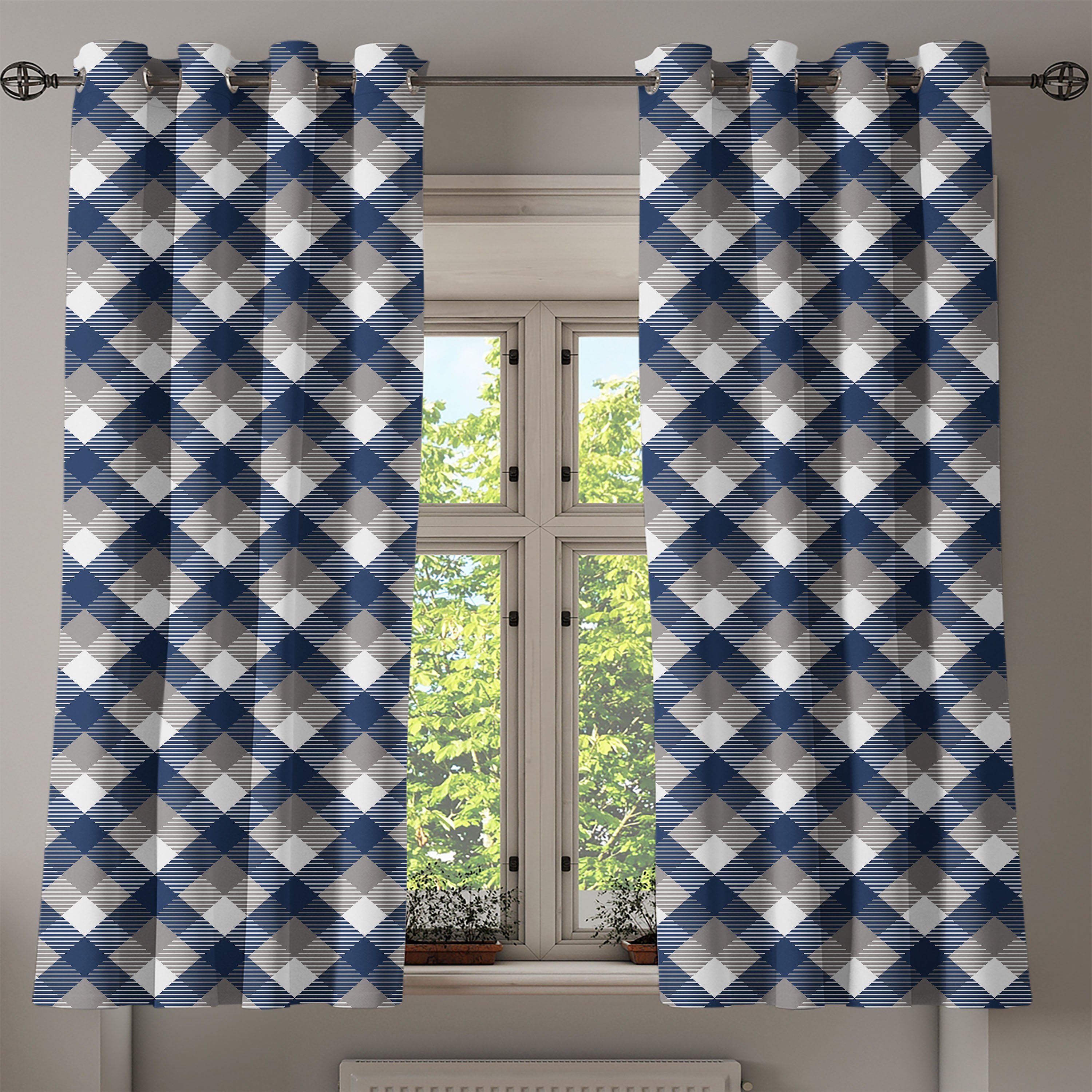 Kariert Tartan-Form Abakuhaus, 2-Panel-Fenstervorhänge Dekorative für Wohnzimmer, Gardine Schlafzimmer Checkered