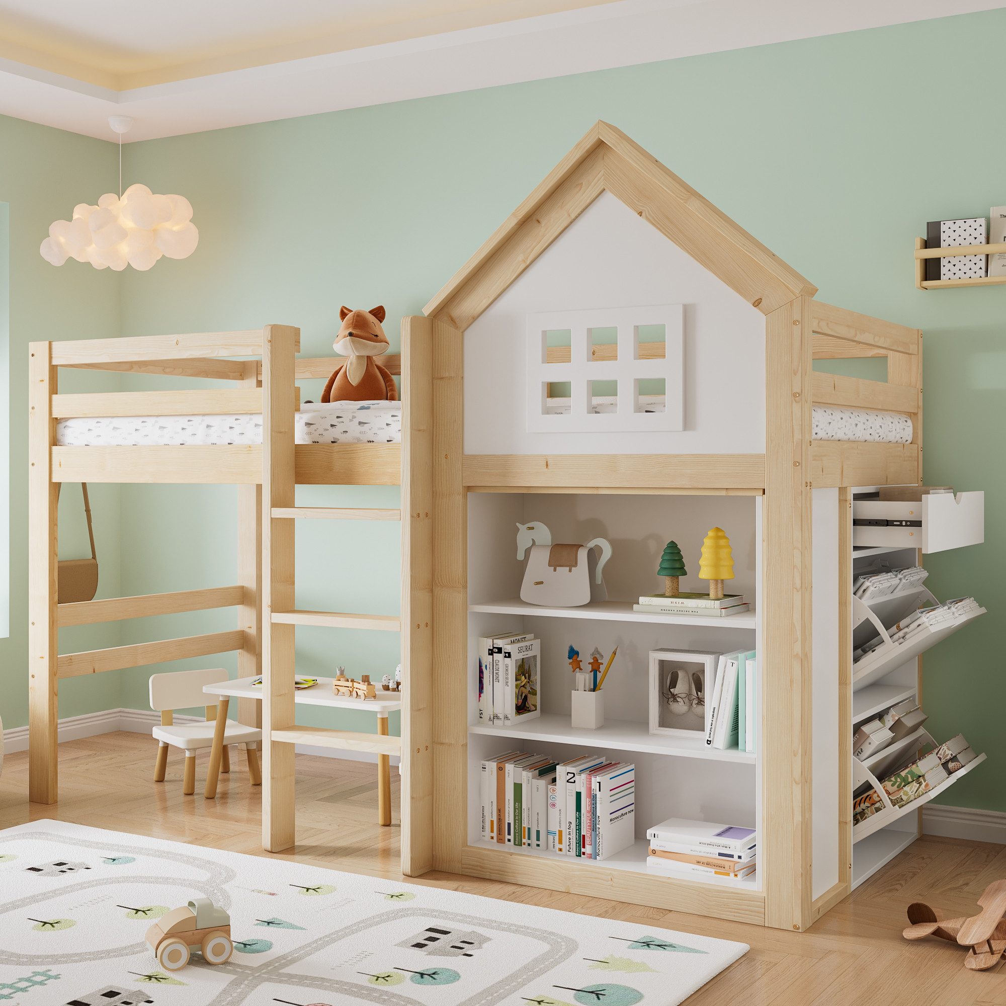Flieks Hochbett Kinderbett 90x200cm Haus-Design mit Staufächern und Schubladen