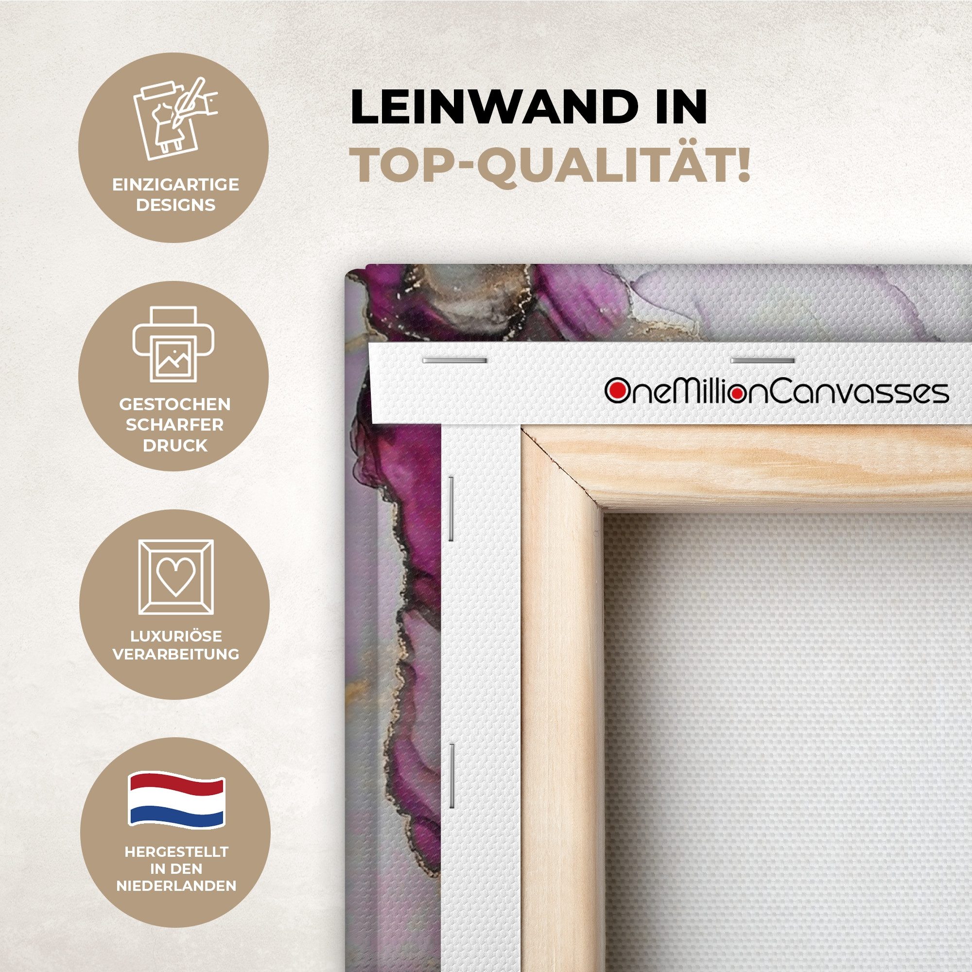 OneMillionCanvasses® Leinwandbild Marmor - Abstrakt - Gold - Lila, Fotodruck (1 St), Wandbild, Deko Schlafzimmer Wohnzimmer Flur 20x20 cm