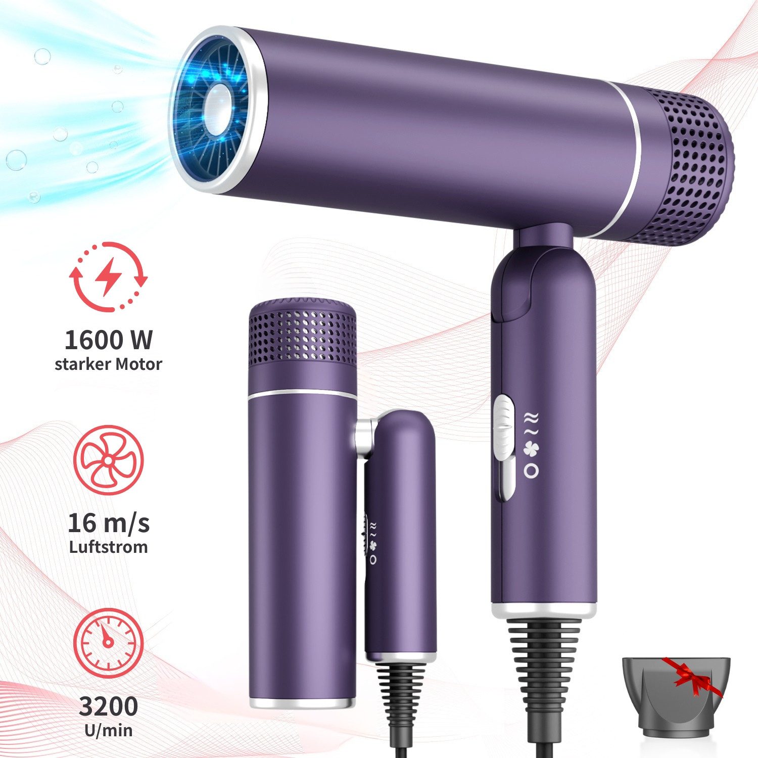 MCURO Haartrockner Leicht & Kompakt Faltbarer Haartrockner, 1600,00 W, Reisehaartrockner, 2 Geschwindigkeitsstufen, 3 Temperatur-Modi mit Stylingdüse