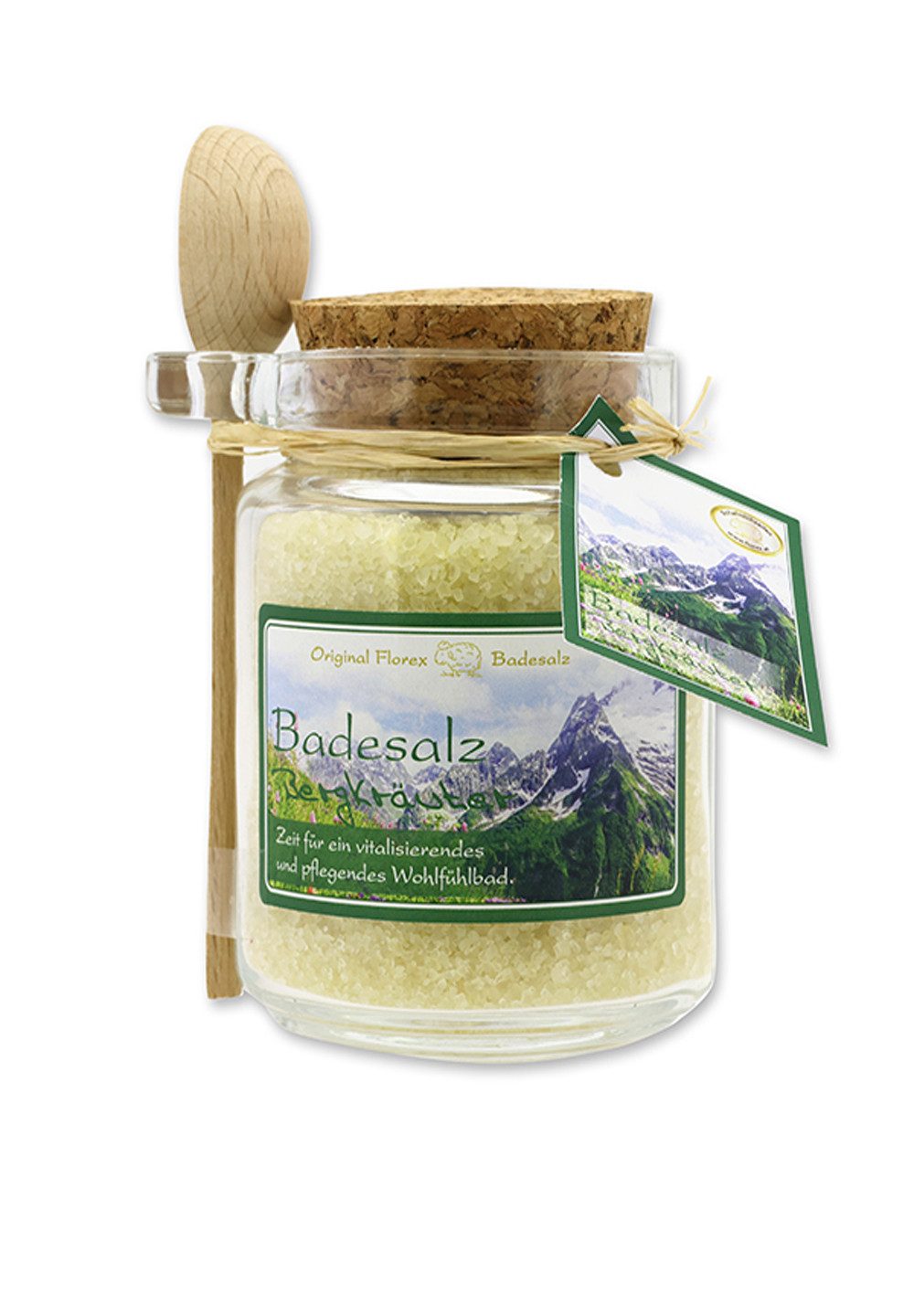 Gerlinde Hofer _ Florex GmbH Badezusatz Bergkräuter, Badesalz mit Bio Schafmilch im Glas mit Holzlöffel 300 g