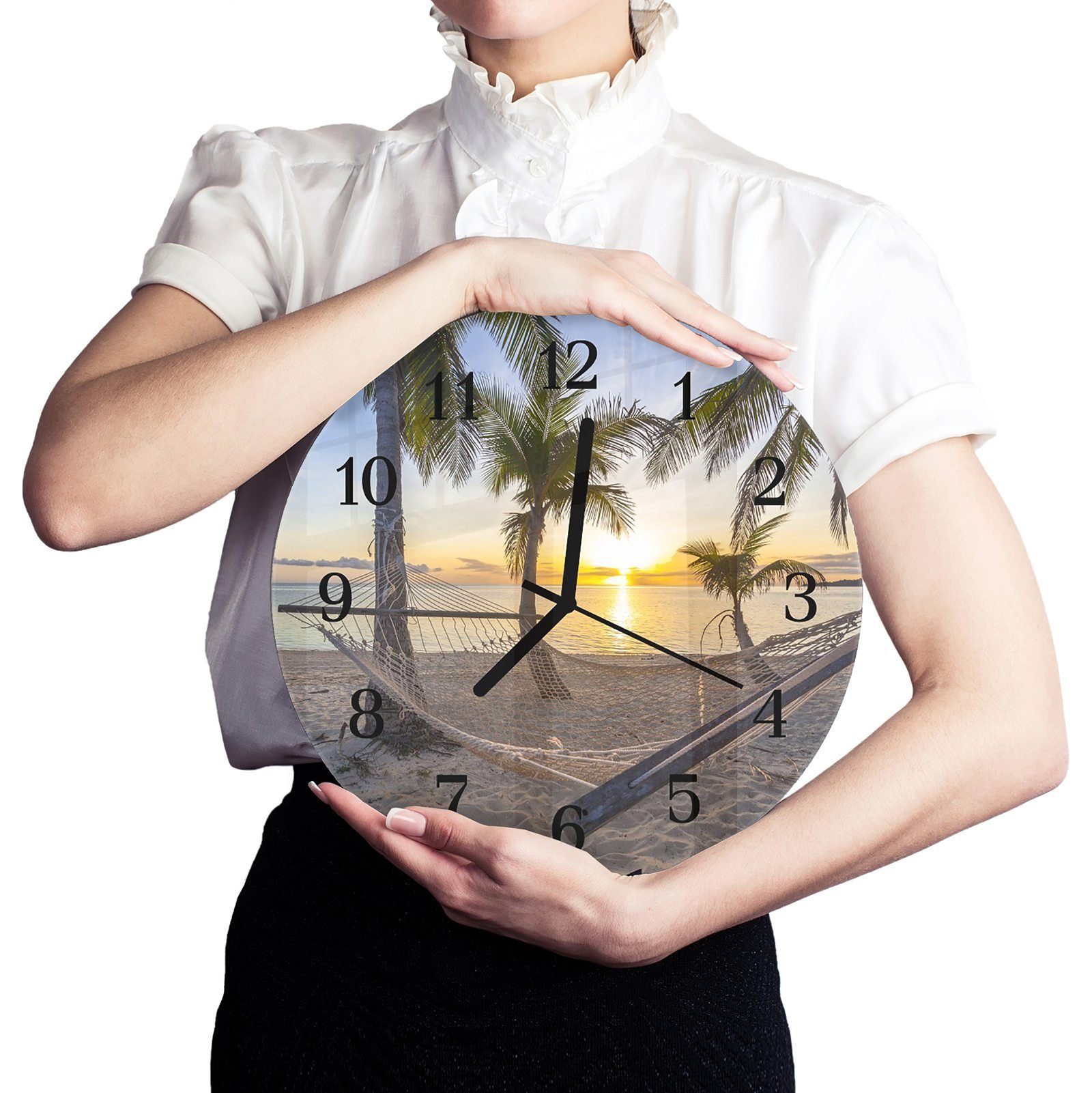 30 Quarzuhrwerk Wanduhr Primedeco cm Motiv mit Durchmesser - Rund Sonnenuntergang aus Strand und Glas am Wanduhr mit