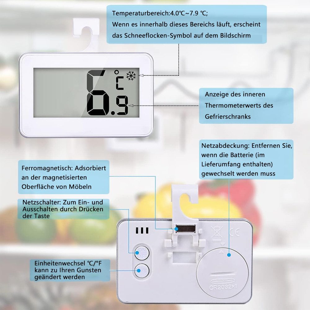 TUWENA Kühlschrankthermometer Digitale Kühlschrankthermometer, 2 Stk Mini Gefrierschrank Thermometer, 2-tlg., Refrigerator Thermometer, LCD-Anzeige,für Küche/Restaurants/Bars/Cafés