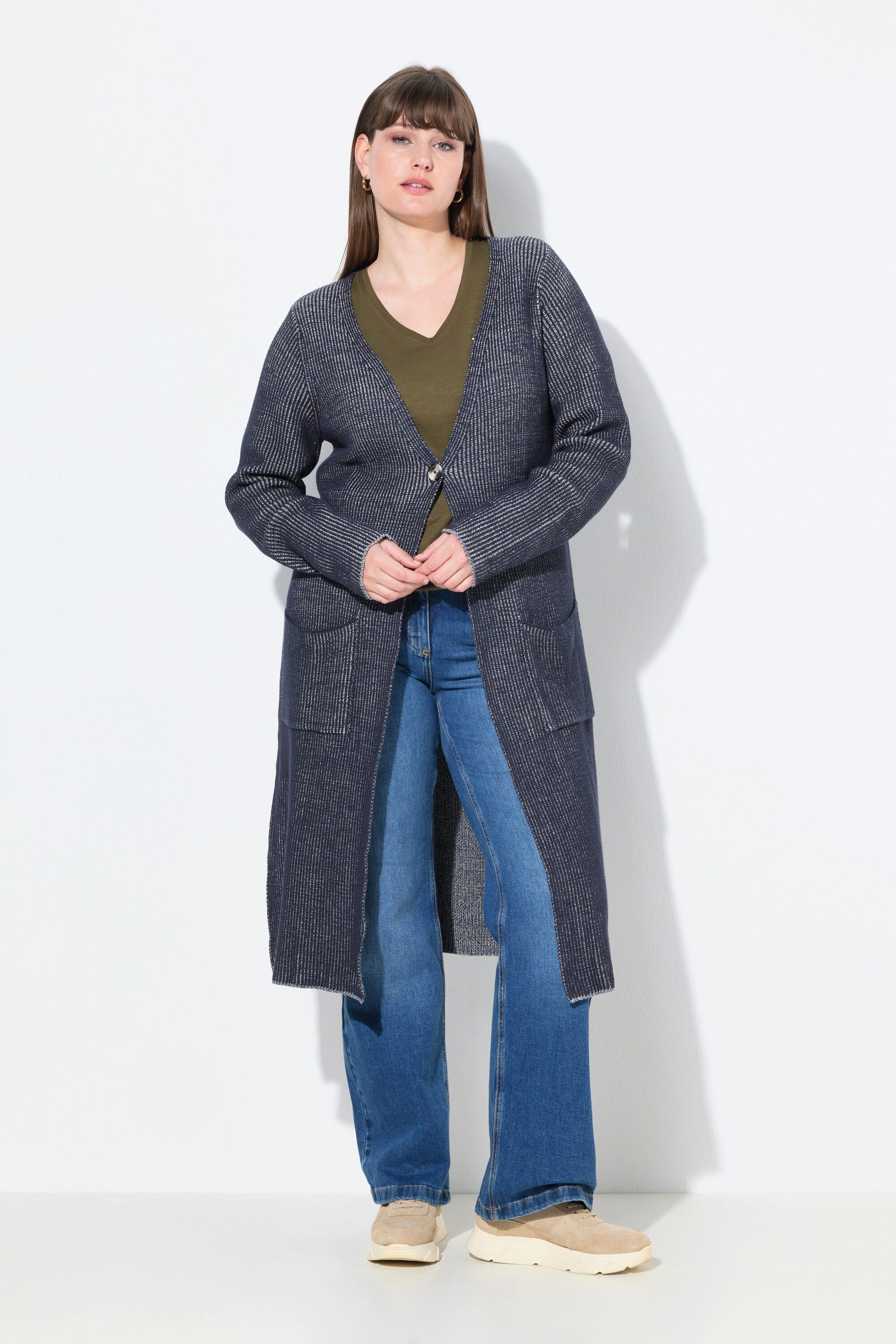 Ulla Popken Strickjacke Lang-Strickjacke Rippstrick V-Ausschnitt günstig online kaufen
