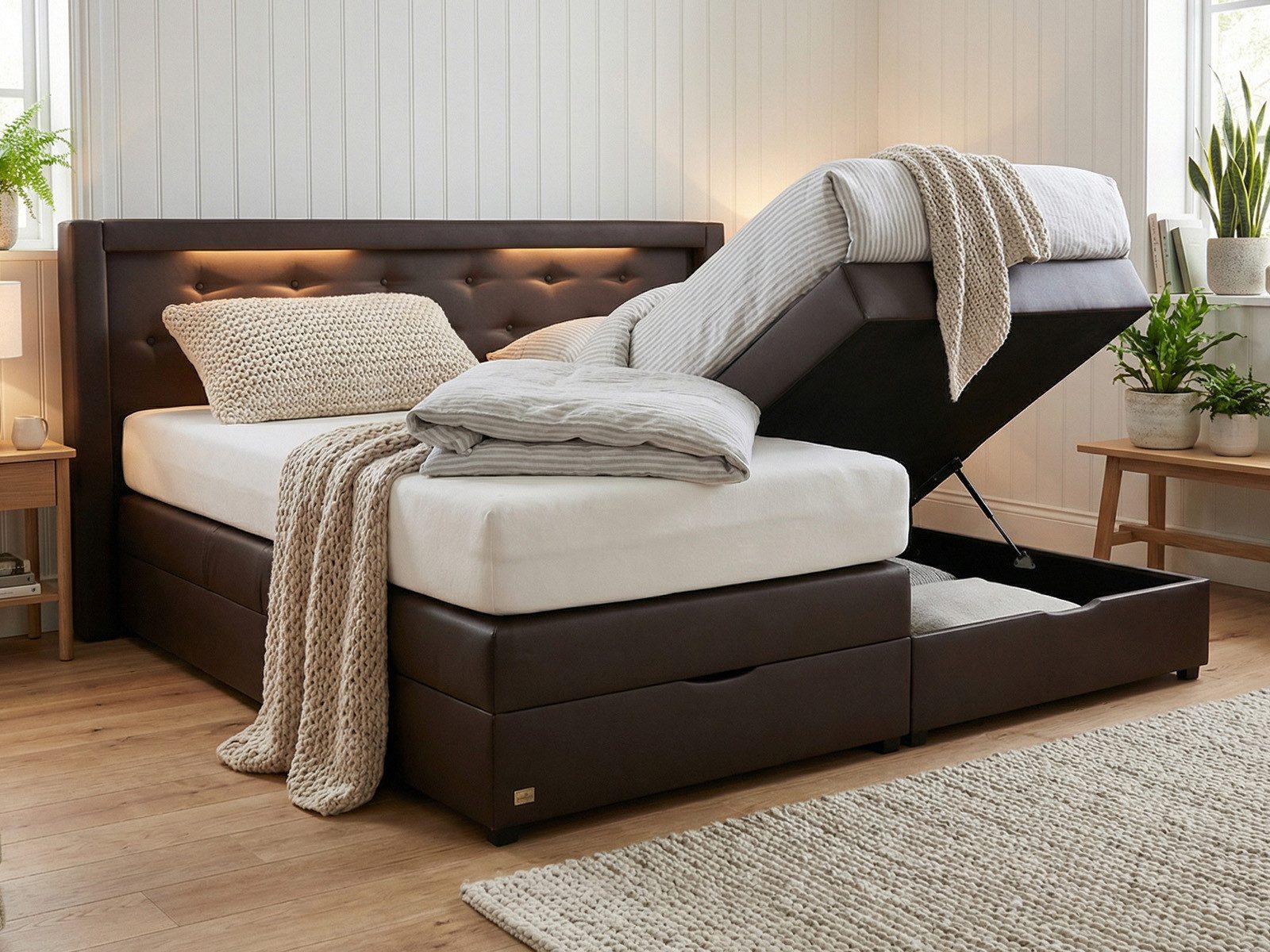 PAARA Boxspringbett Paris Bettkasten Kopfteil verstellbar LED Licht, inkl. Matratze und Topper, mit einzigartigem Belüftungssystem