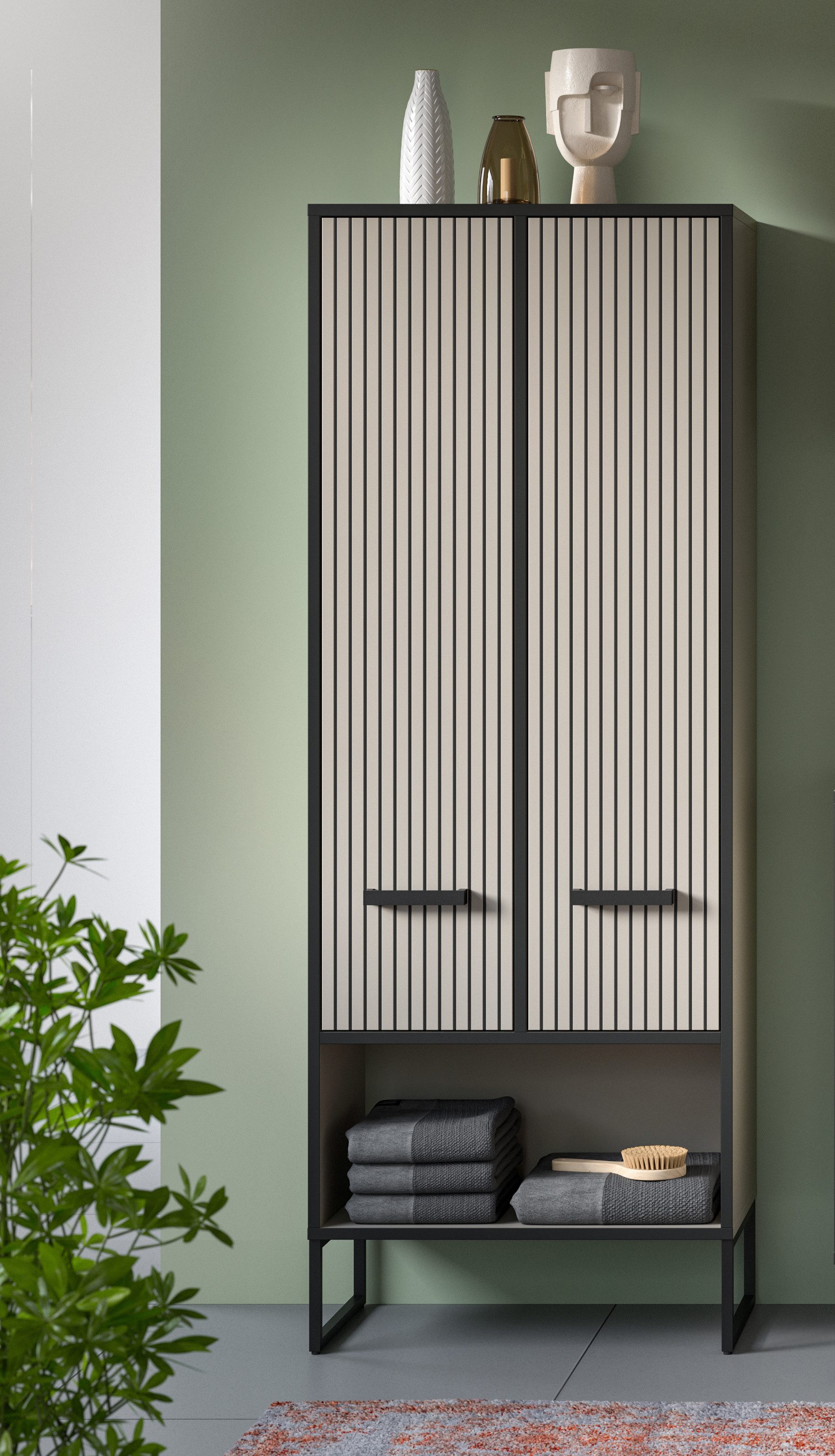 welltime Hochschrank LOCRI, Höhe 159 cm, 2 Türen, 6 Einlegeböden, 1 offenes Fach (1-St., industrial Look mit Rillenoptik & Metall Kufen) variable Einlegeböden, modernes Design, Badschrank, Bad