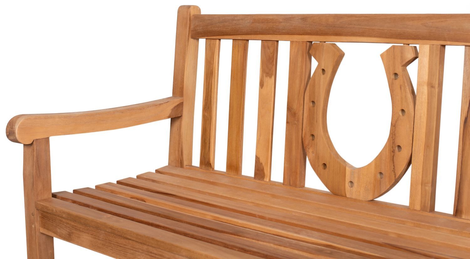 bene living Gartenbank Teakholz Gartenbank Hufeisen 120 cm, naturbelassenes Massivholz aus Teak, eingearbeitetes Hufeisenmotiv
