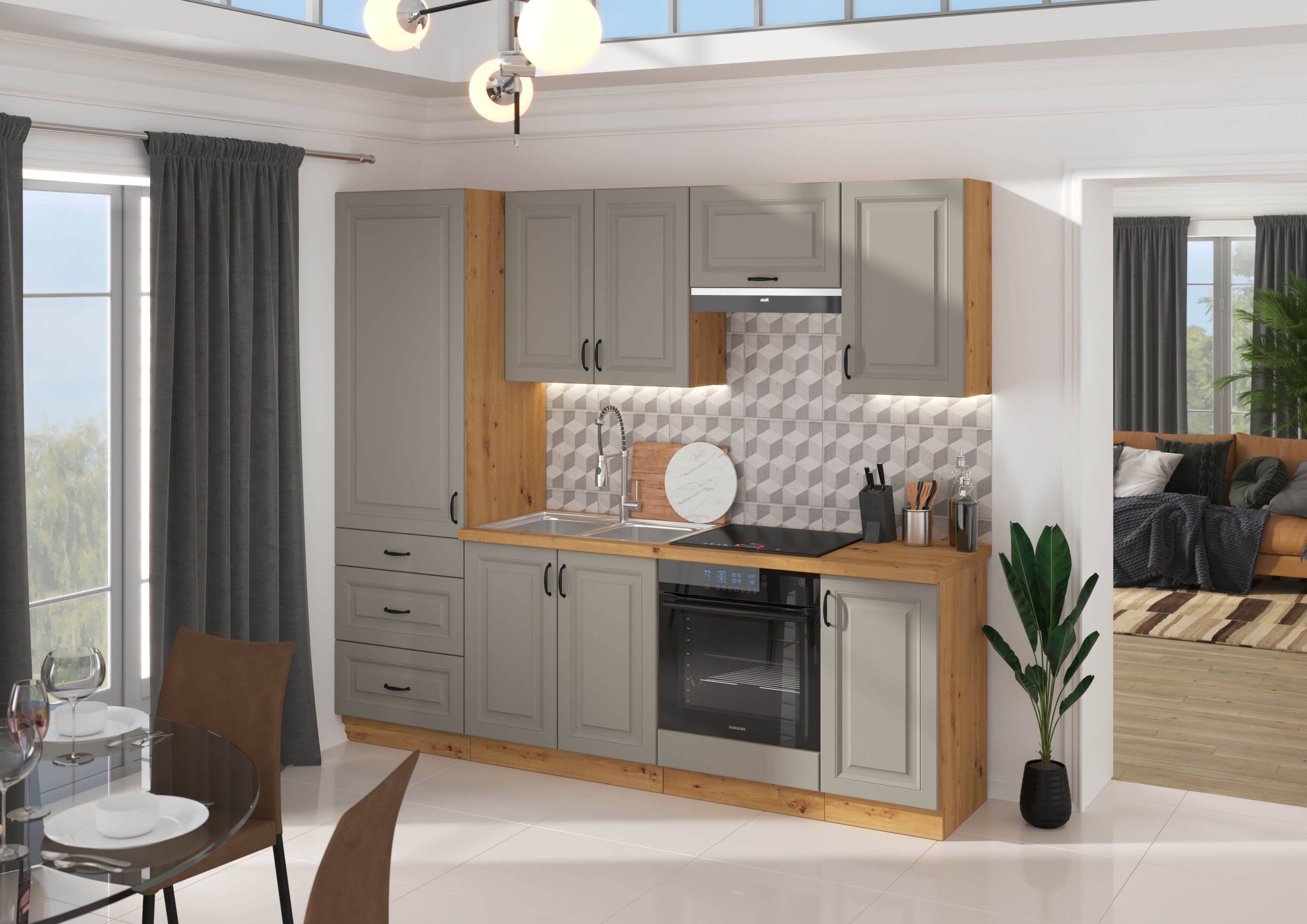 Furnix Küchenzeile Ariatte Einbau-Küche 240 cm mit Hängeschränken ohne E-Geräte Artisan, 240x210x60 cm, Landhaus Design zeitlos & funktional