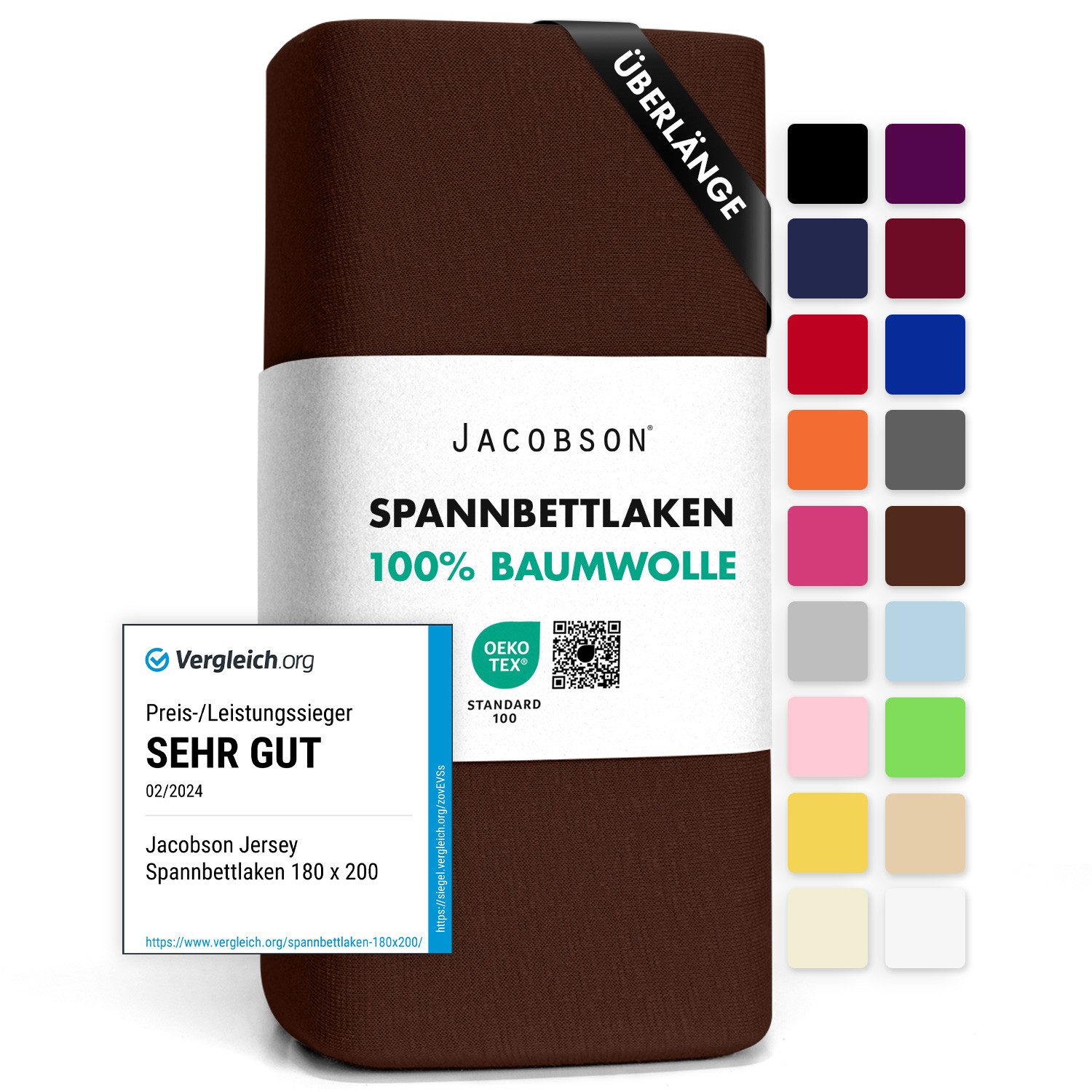 Jacobson Spannbettlaken BOXSPRING & ÜBERLÄNGE aus 100% Baumwolle, für hohe & lange Matratzen, Jersey Bettlaken 160 g/m²