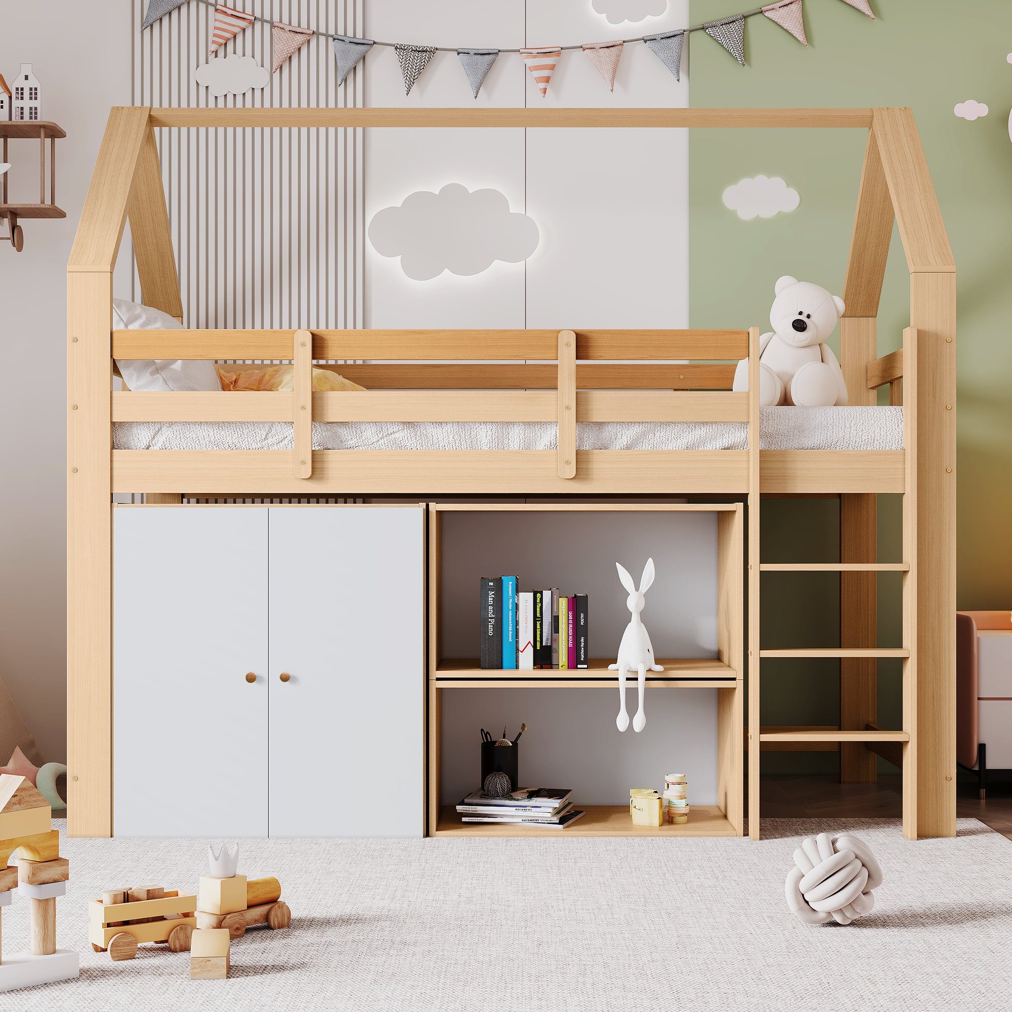 Treppe Aufbewahrungsschrank), ohne Kinderbett 2 Hausbett rechtwinkliger Absturzsicherung Etagenbett rechtwinkliger Regalen Bettrahmen cm, mit 90x200 Treppe, Matratze (stufiger dreistufiger und Stauraumbett, Massivholz, aus mit WISHDOR mit