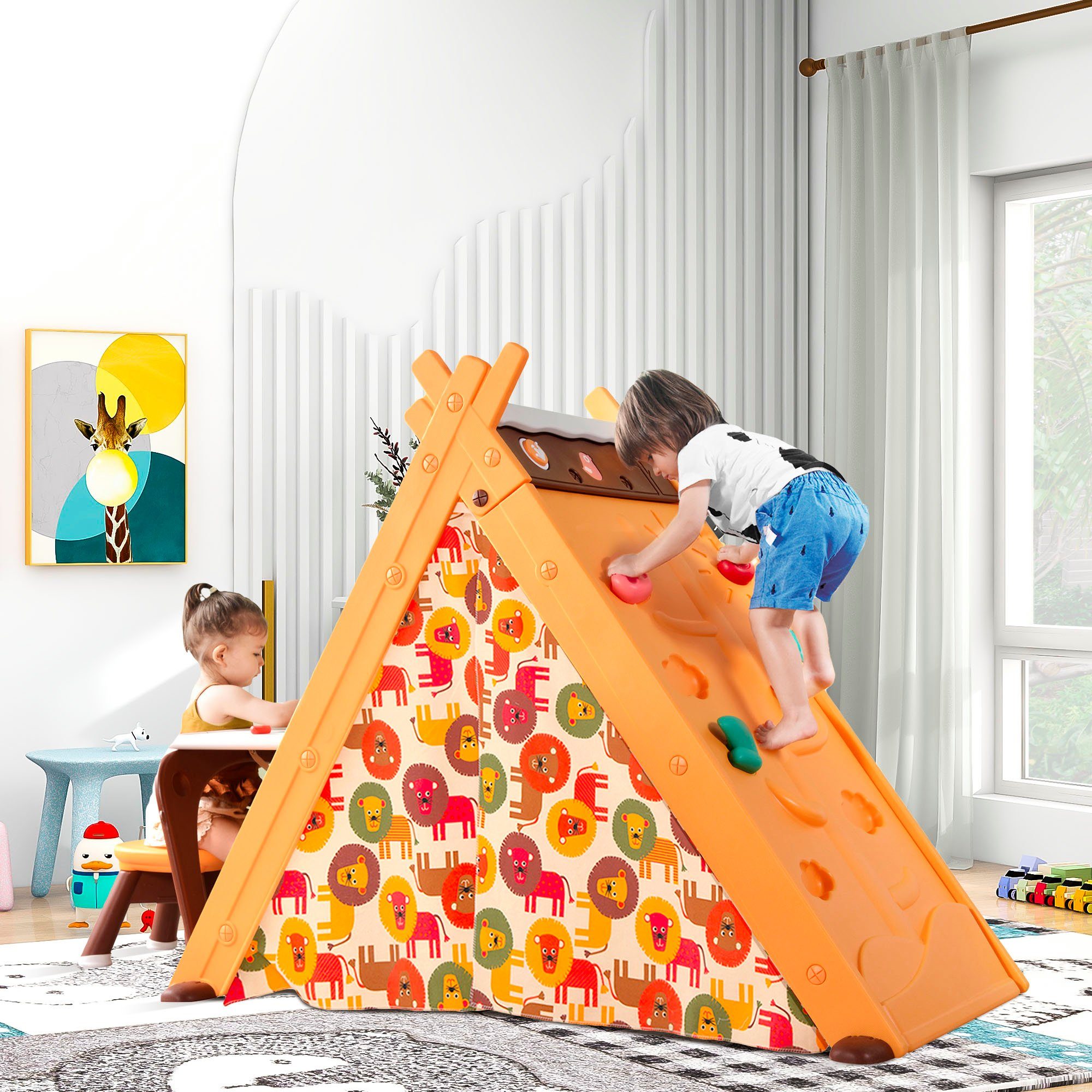 Merax Spielzelt Pistis Faltbar Tipi multifunktional 4 in 1 Zelt-Spielhaus für Kinder, mit Klettergerüst, Hocker und Tafel