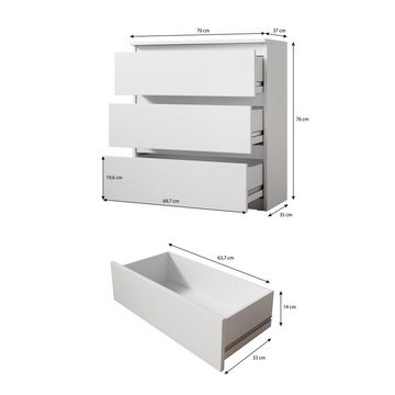 Furnix Kommode Arenal mit 3 Schubladen puristisch modern, Breite 70 cm, Höhe 76 cm, Tiefe 35 cm