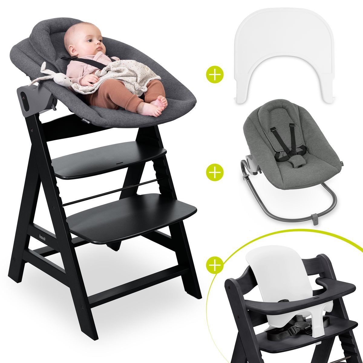 Hauck Hochstuhl Alpha Plus Newborn Set Premium - Black, Holz Babystuhl ab Geburt mit Neugeborenenaufsatz, Essbrett & Baby Seat