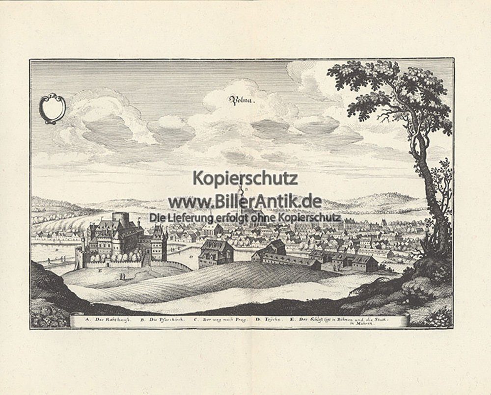 Kunstdruck Polna Schloß Teiche Friedhofskirche Böhmen Tschechien Kupferstich Meri
