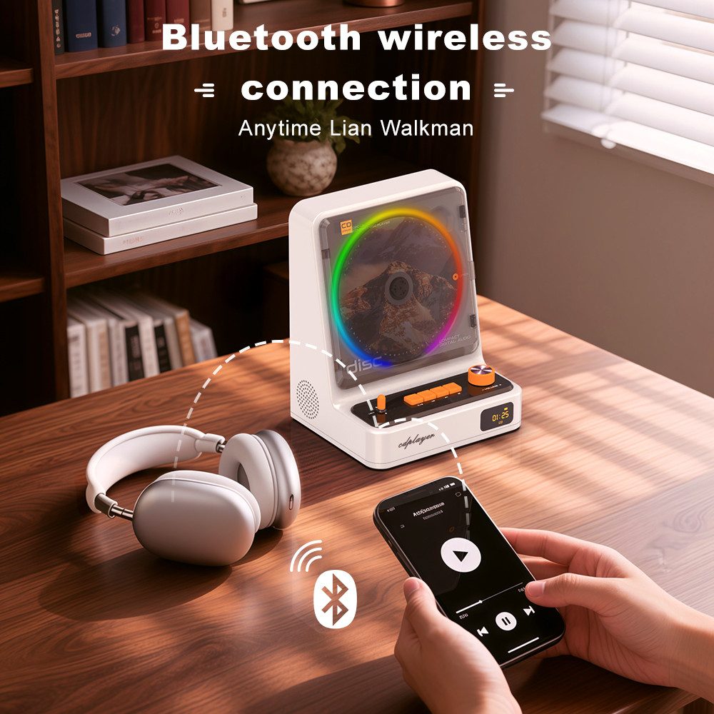 Luckice Wiederaufladbarer CD-Player mit Bluetooth HiFi-Lautsprechern tragbarer CD-Player (Fernbedienung, USB/3,5 mm Anschluss, für Zuhause, Büro & Auto) – Bild 4 von 5
