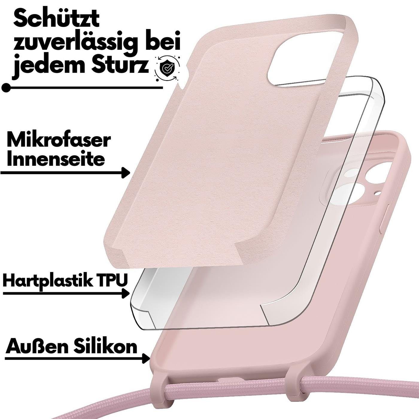 CoolGadget Handyhülle Premium Handyhülle mit verstellbarer Handykette für iPhone 13, Hülle zum Umhängen Kette inkl. 2x Displayschutzfolie aus Glas