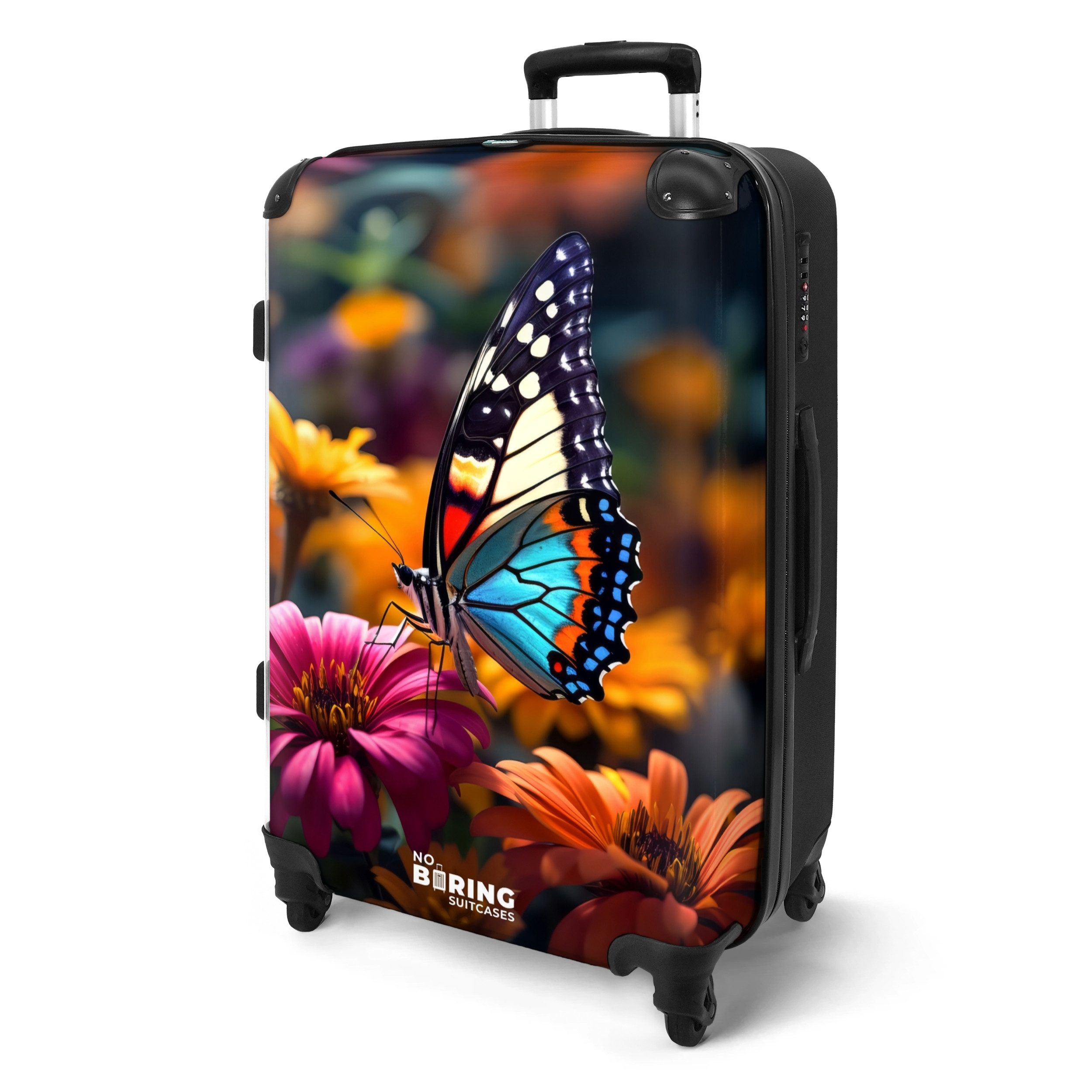 NoBoringSuitcases.com© Hartschalen-Trolley Schmetterling auf bunten Blumen günstig online kaufen