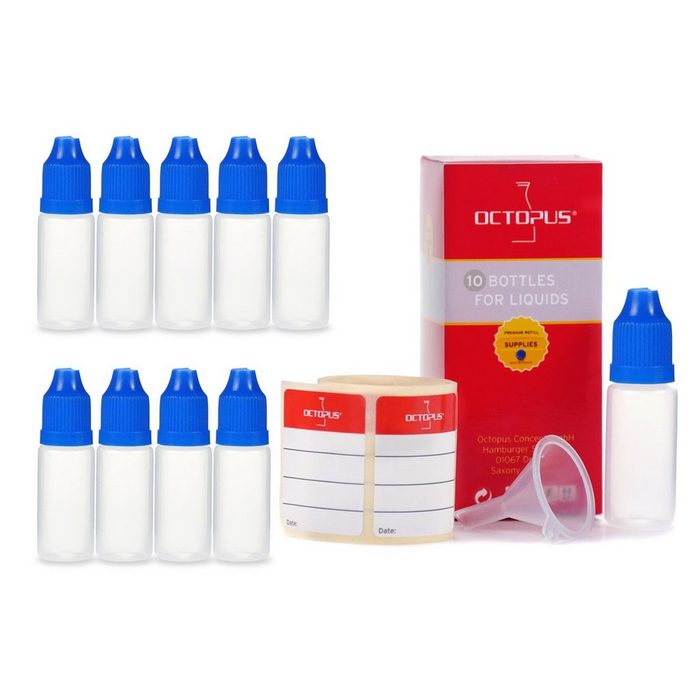 OCTOPUS Kanister 10 Plastikflaschen 10 ml LDPE G14 Tropfeinsatz Deckel blau 1 Mini- (10 St)