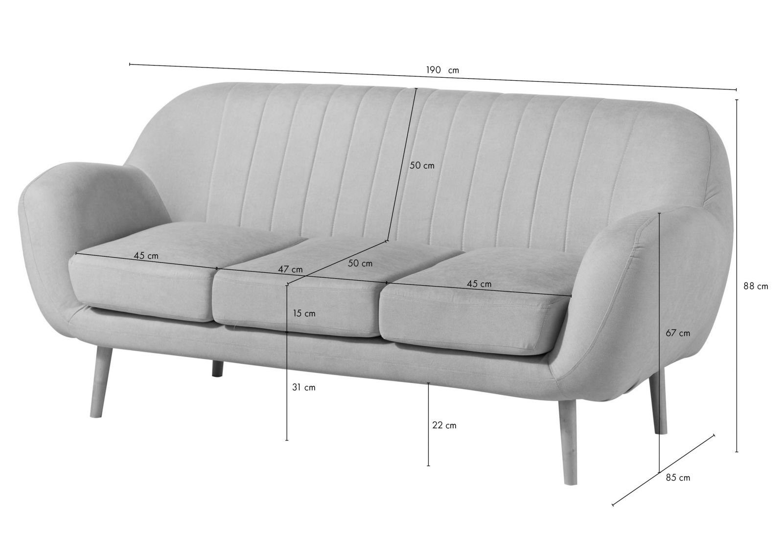 Massivmoebel24 Sofa beige Sofa 3-Sitzer HOLMA 190x85x88