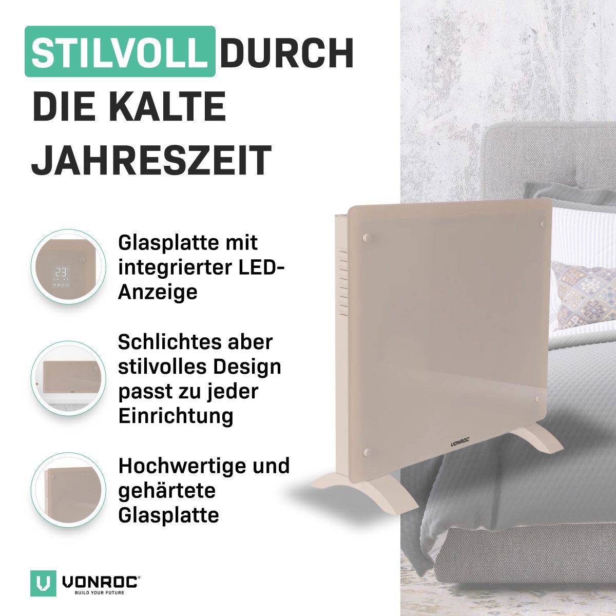 VONROC Heizkörper Elektroheizung in Varianten für 12 bis 30qm Räume, Elektrische Konvektorheizung 2 stufig - Manuelle/App Steuerung
