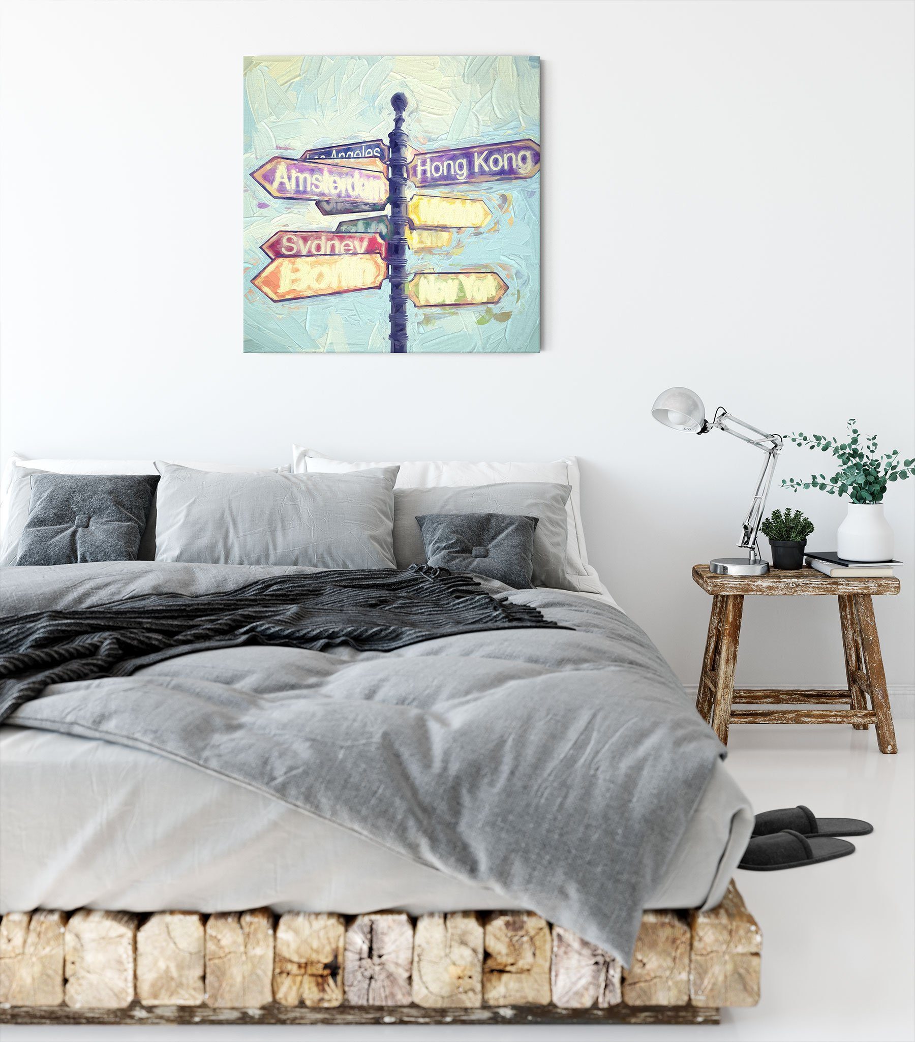Pixxprint Leinwandbild Städte Wegweiser Kunst, Städte Wegweiser Kunst (1 St), Leinwandbild fertig bespannt, inkl. Zackenaufhänger