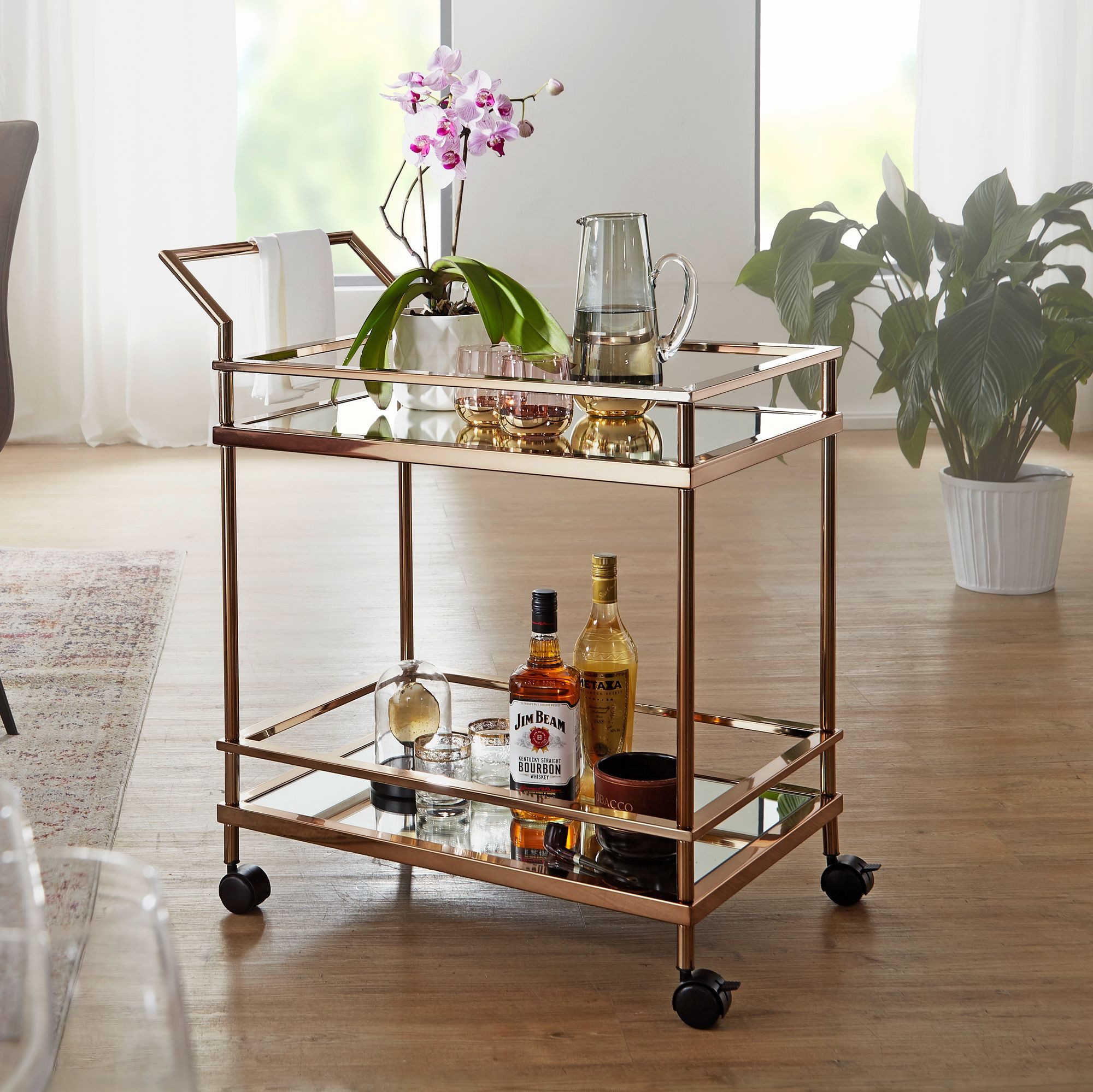 FINEBUY Servierwagen Gold Beistelltisch Rollen Küchen- Speisewagen Glas FB52936, (Gold 65,5x84x45 cm, Mobiler Beistelltisch Glas), Speisewagen Rechteckig, Küchenwagen Teewagen
