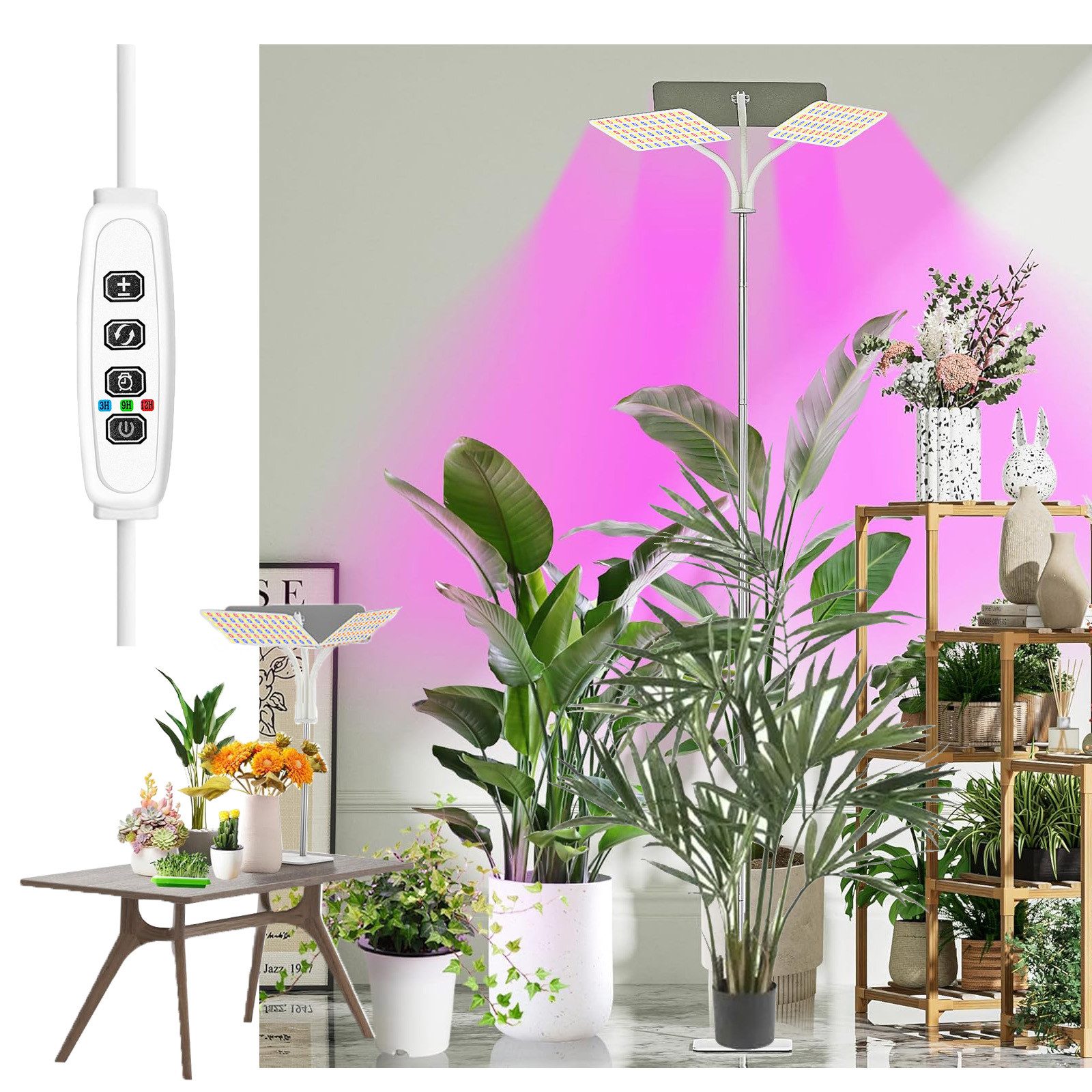 Jibenhome Pflanzenlampe Vollspektrum LED Pflanzenlampe, 3 Lichtfarben & Timer, Höhenverstellbar, 3 Lampenköpfe, 10 Helligkeitsstufen, 126 LEDs/252 LEDs/378 LEDs