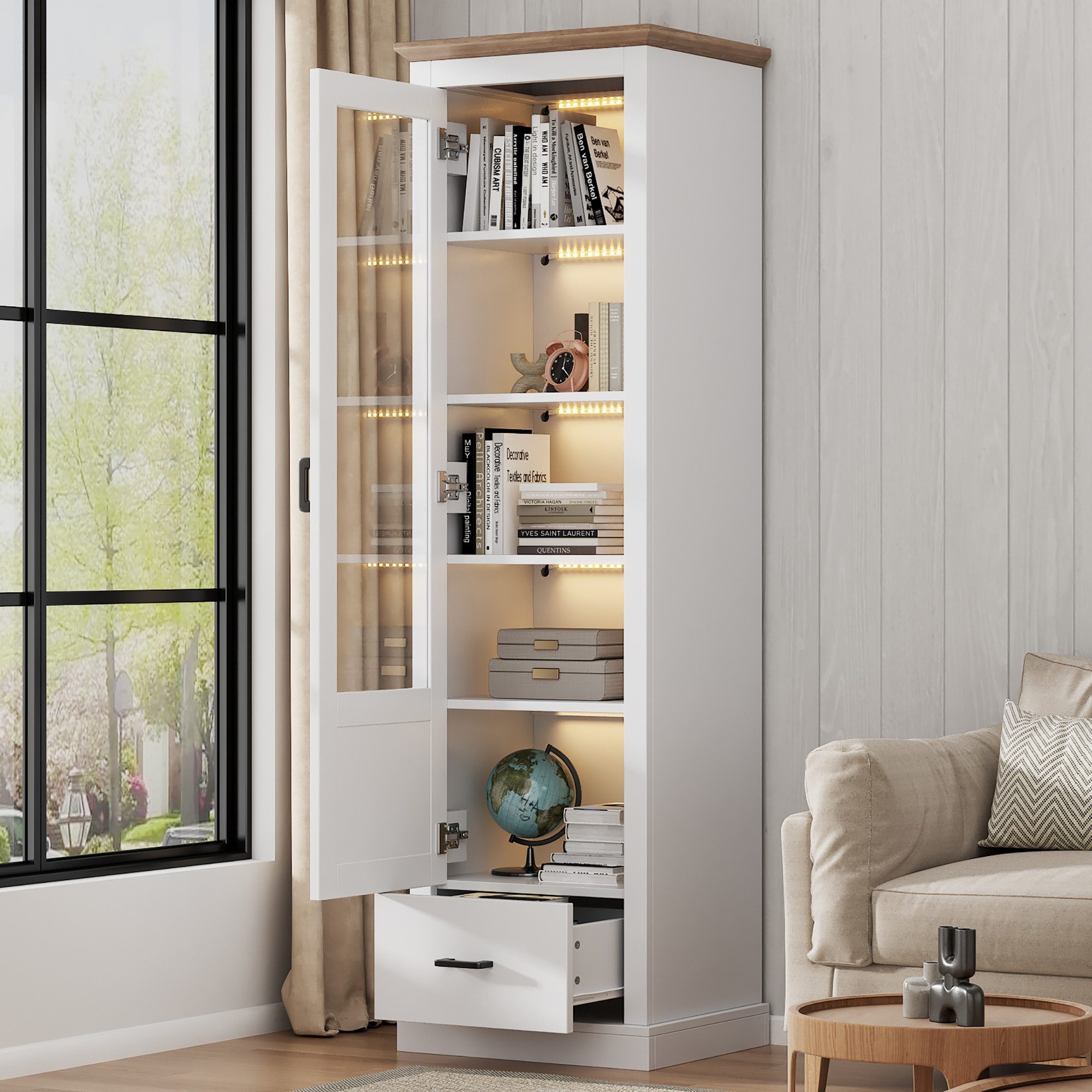Merax Standvitrine schmal Vitrinen mit LED und USB-Anschluss (inkl.Fernbedienung, 1-St., Hochschrank Standregal Schrank Vitrine) Vitrinenschrank mit verstellbar – Bild 2 von 5