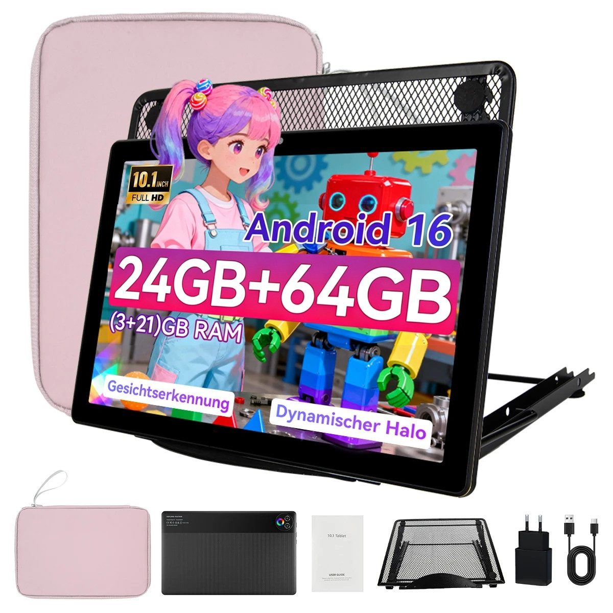 BUFO 10.1'' Android 15/16 mit 3GB RAM 64GB bis zu 1TB Speicher, Dual-Kamera Tablet (10,1", 64 GB, Android 16, 24(3+21)GB RAM, Split-Screen & kraftvolle Stereo-Lautsprecher)