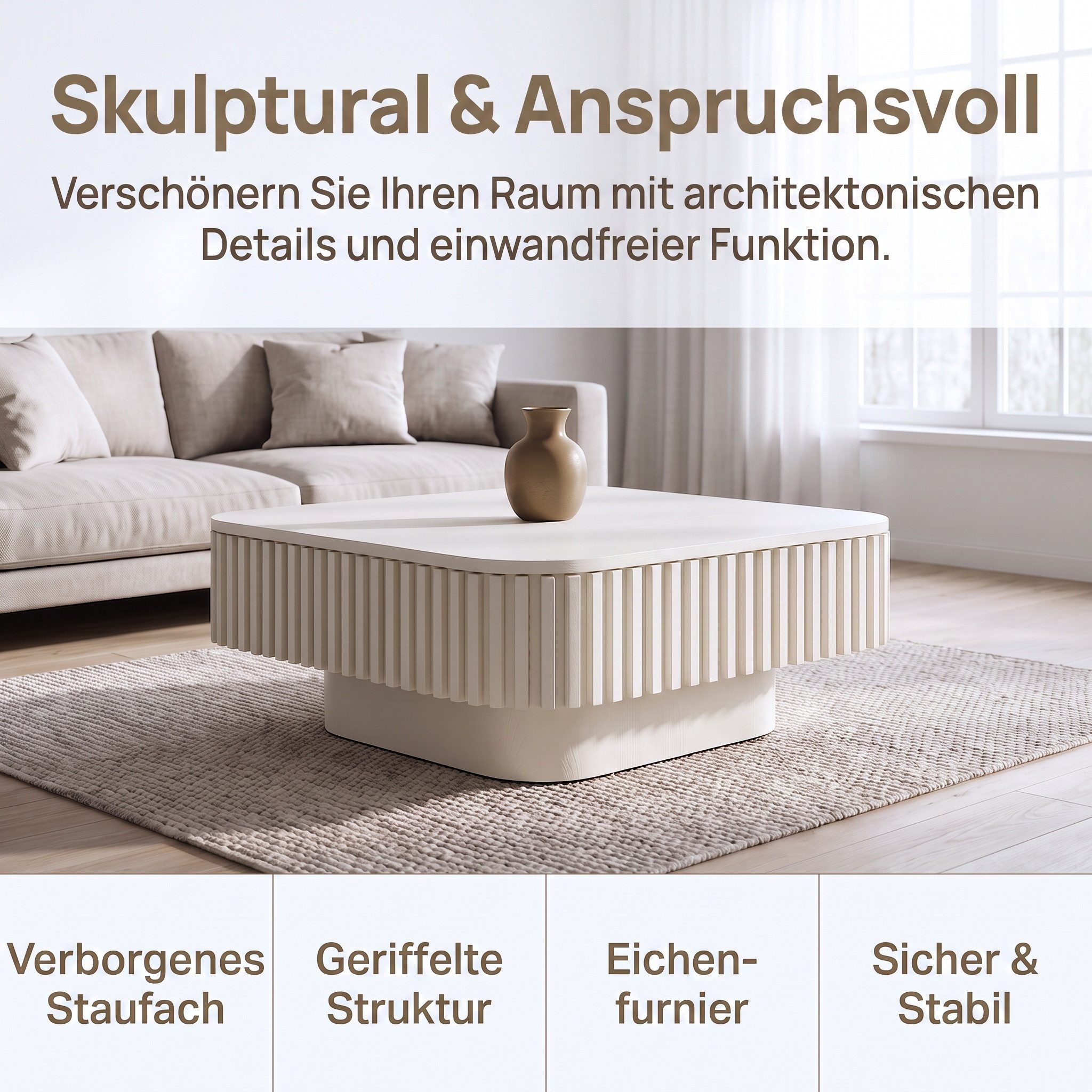 Celya Couchtisch Quadratischer Cocktailtisch mit verstecktem Stauraum (aus furniertem Massivholz, einfache Montage in 5 Minuten) – Bild 5 von 5