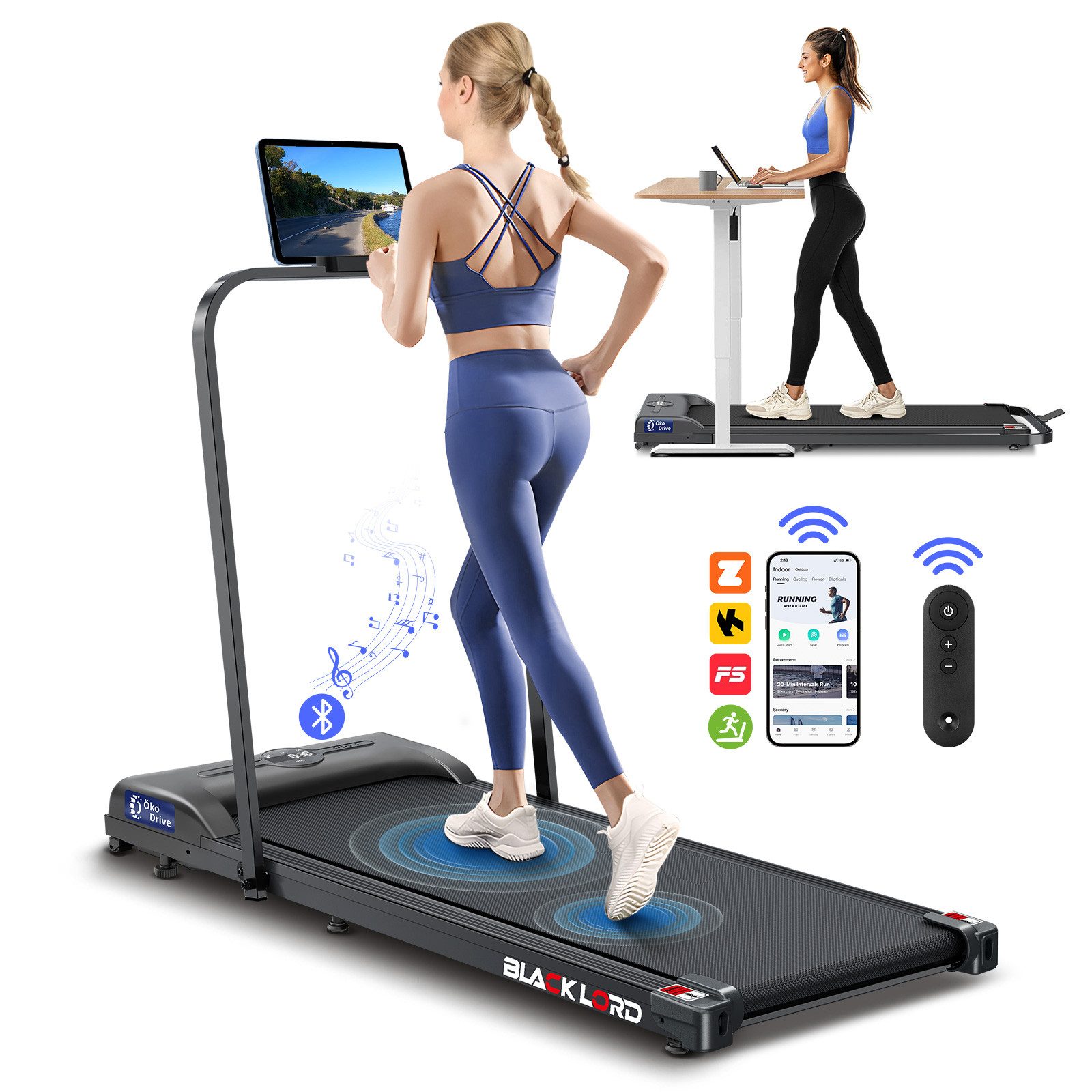 BLACK LORD Laufband für Zuhause, Walking Pad, Klappbares Untertisch-Laufband mit Armlehne (119 x 48,5 x 103 cm, 1-tlg), mit Bluetooth, Fernbedienung, Lautsprecher, 1-12km/h