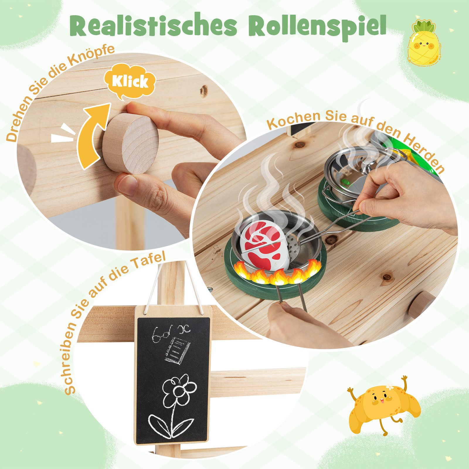COSTWAY Outdoor-Spielküche Holz, Spielküchelset mit Herd, Spüle, Blumentöpfen & Tafel