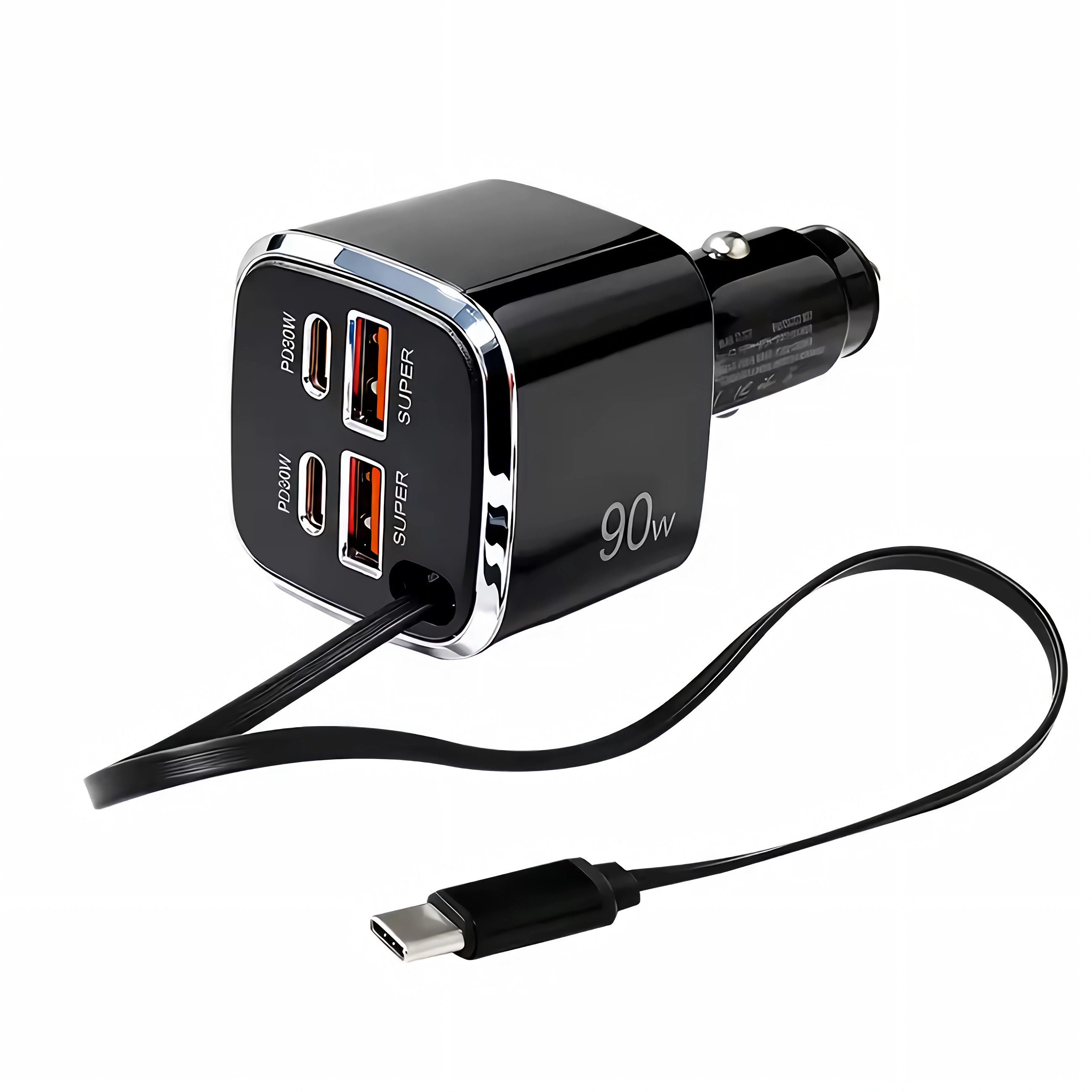 Bolwins P63C Autoladegerät 90W mit USB-C & USB-A, Kabel einziehbar 40 cm USB-Ladegerät (3000 mA, Einzelset, 1-tlg., 1x 90W KFZ-Ladegerät mit integriertem einziehbarem USB-C-Kabel, 90W Gesamtleistung, PD30W & QC4.0, USB-C Kabel 40cm integriert)