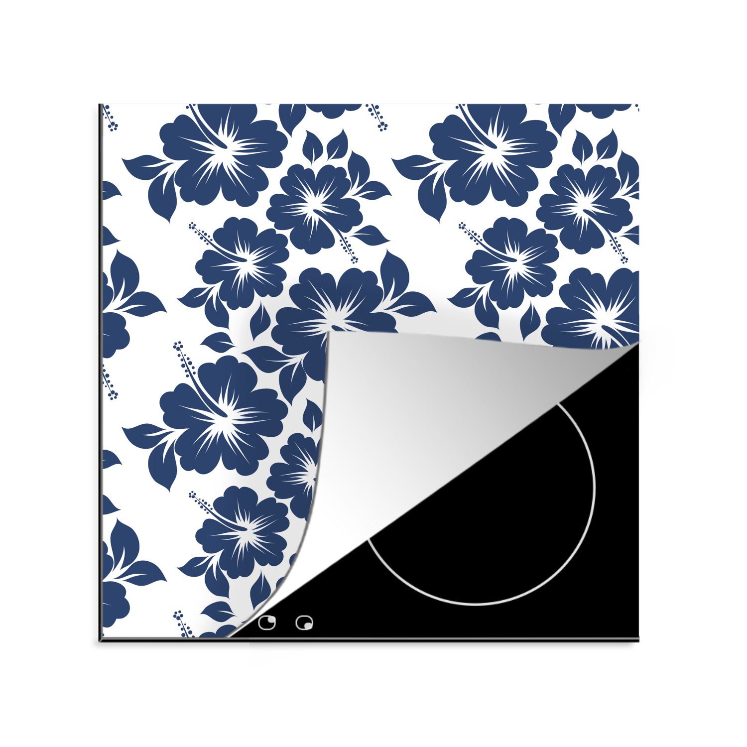 MuchoWow Herdblende-/Abdeckplatte Eine blaue Illustration eines Blumenmusters, Vinyl, (1 tlg), 78x78 cm, Ceranfeldabdeckung, Arbeitsplatte für küche
