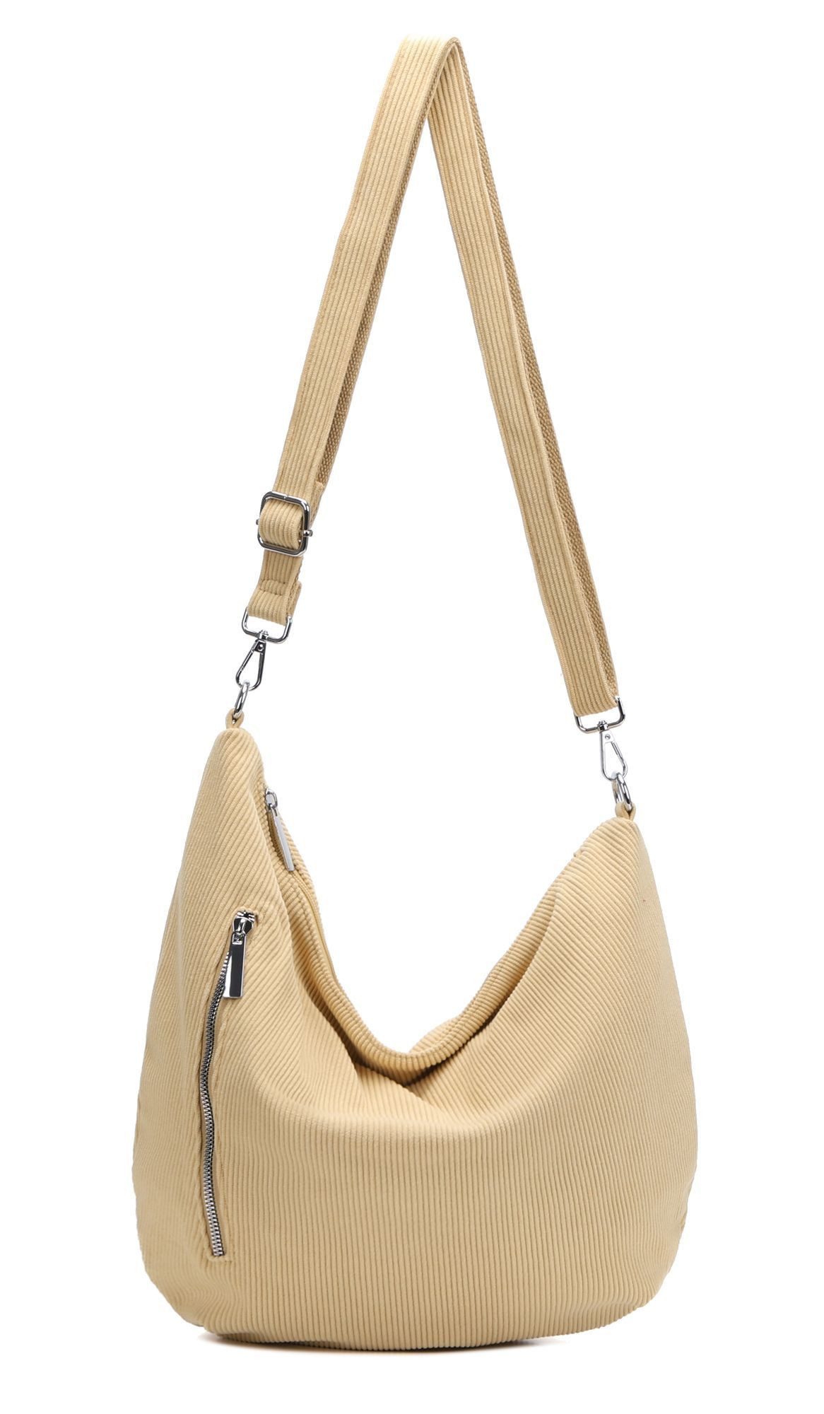 ITALYSHOP24 Schultertasche Damen Halbmond Tasche aus Cord CrossOver Body Bag Umhängetasche, Runde Cordtasche Asymmetrisches MOON Brust Slingtasche Wildlederoptik