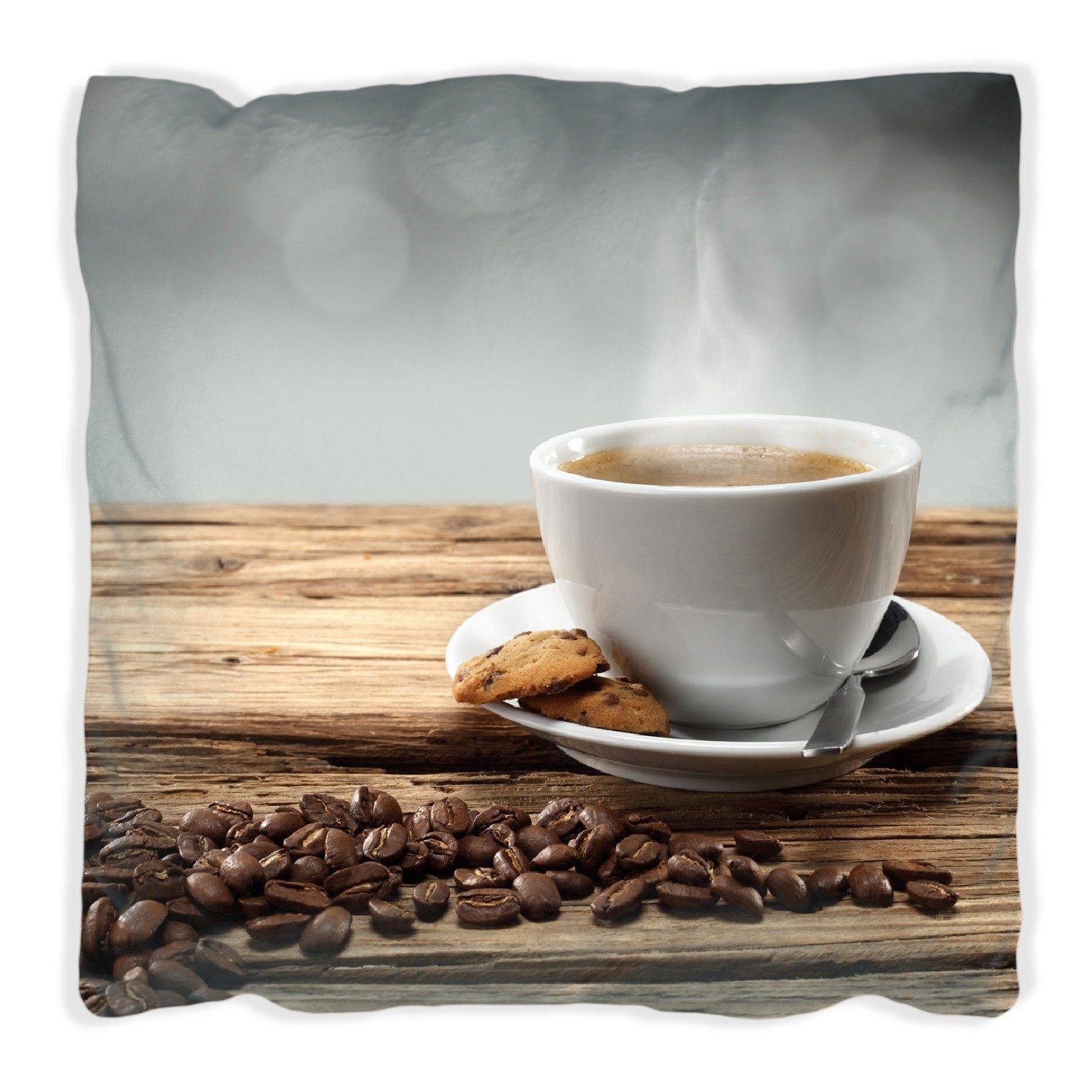 Wallario Dekokissen Heiße Tasse Kaffee mit Kaffeebohnen, handgenäht