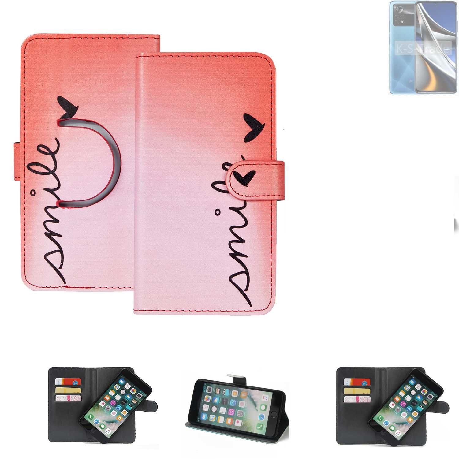 K-S-Trade Handyhülle für POCO X4 Pro 5G, Schutzhülle Handyhülle Hülle cover bookstyle Etui ''smile'' rot