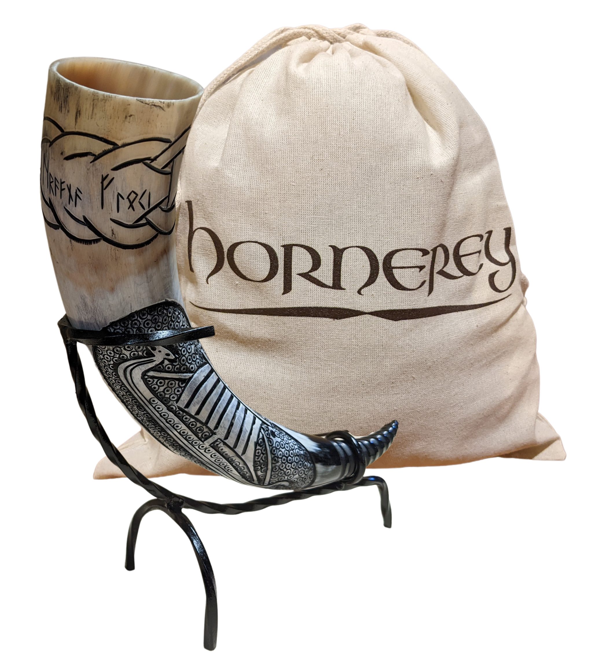 hornerey Bierkrug Trinkhorn "Floki's Horn", Set mit Ständer und Gürtelhalter, 3-tlg.