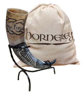 hornerey Bierkrug Trinkhorn "Floki's Horn", Set mit Ständer und Gürtelhalter