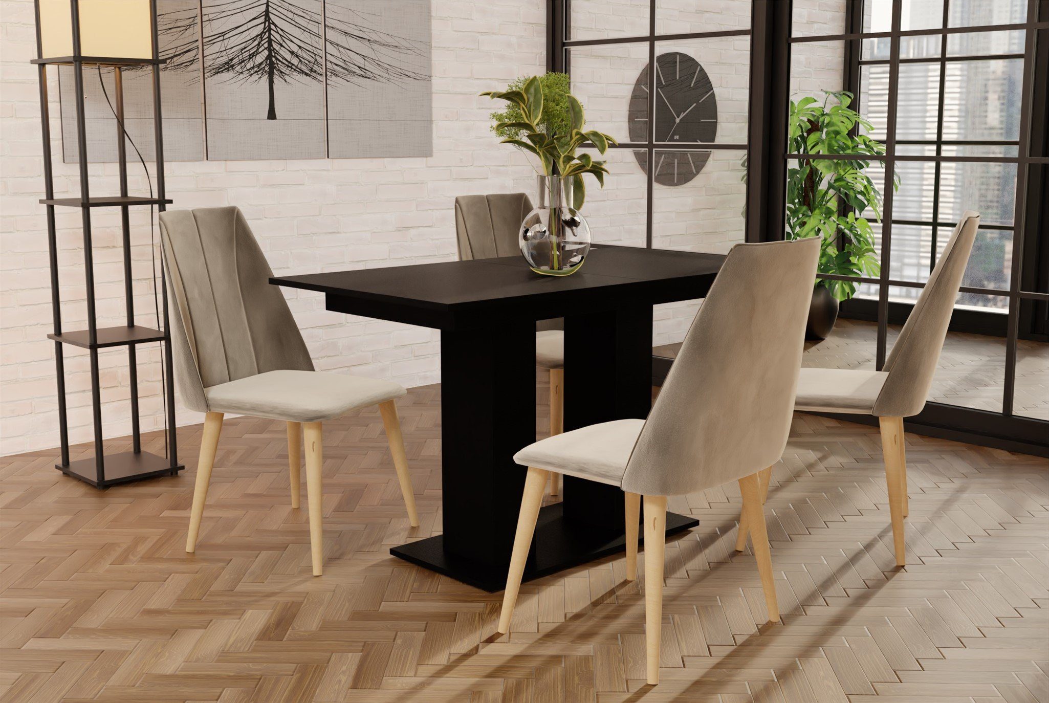 DANTE (5-tlg), mit 4 Essgruppe Möbel CAROS ausziehbarer Schwarz und Stühlen Tisch Fun Tisch Essgruppe Creme matt,