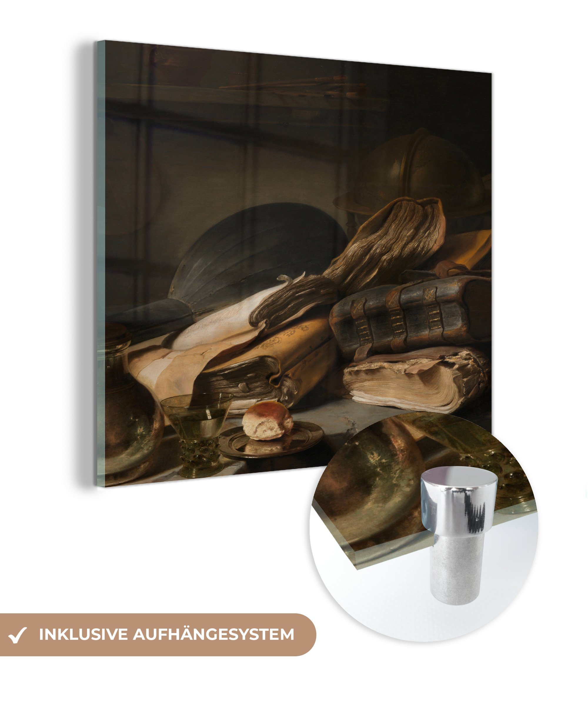 MuchoWow Acrylglasbild Stilleben mit Büchern - Gemälde des Altmeisters Jan Lievens, (1 St), Glasbilder - Bilder auf Glas Wandbild - Foto auf Glas - Wanddekoration