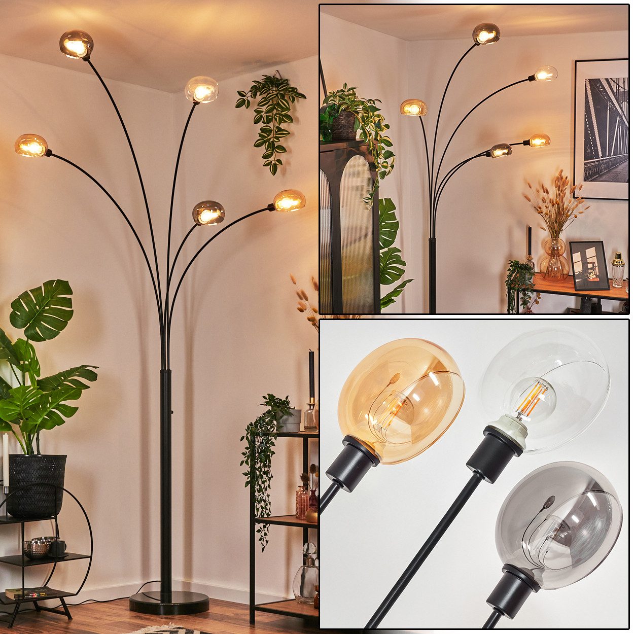 hofstein Stehlampe Stehlampe aus Metall in Schwarz/Rauch/Bernstein/Klar, Vintage-Design, ohne Leuchtmittel, Stehleuchte verstellbar mit Marmorfuß und Schalter am Gehäuse, E14