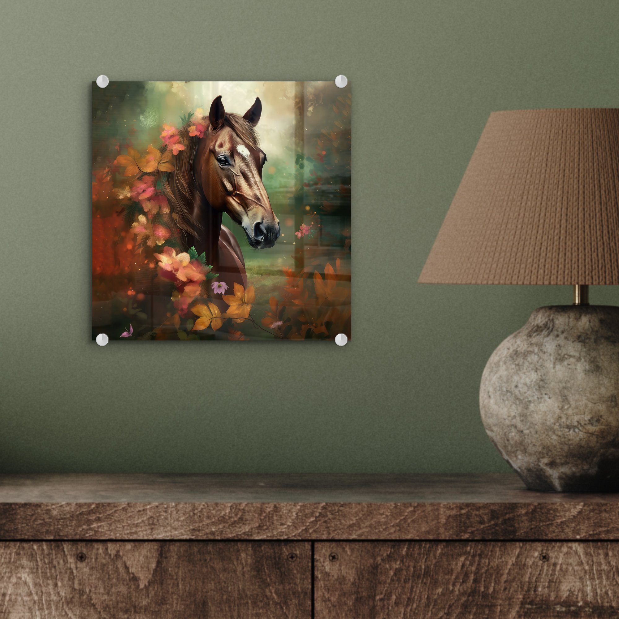 MuchoWow Acrylglasbild Pferd - Blumen - - - Tiere Wandbild auf auf Wald Glas Natur Glas Bilder - St), Wanddekoration - Orange, - (1 Glasbilder - Foto