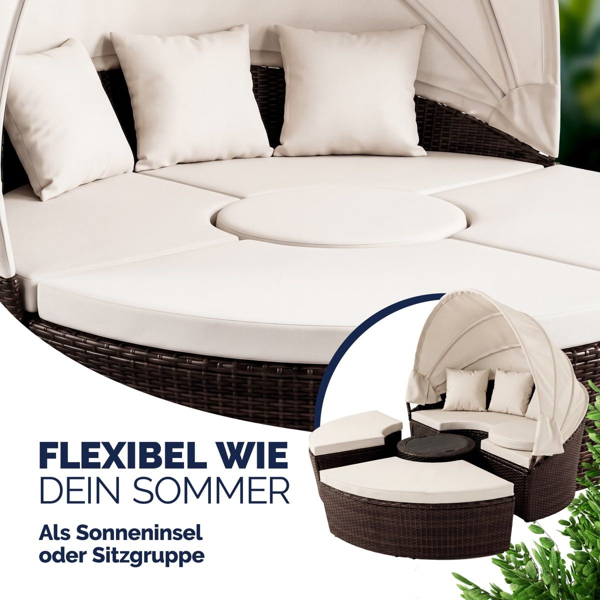 Casaria Sonneninsel Braun, 185cm Sonnenliege Polyrattan mit Tisch Wetterfest Kissen Gartenliege