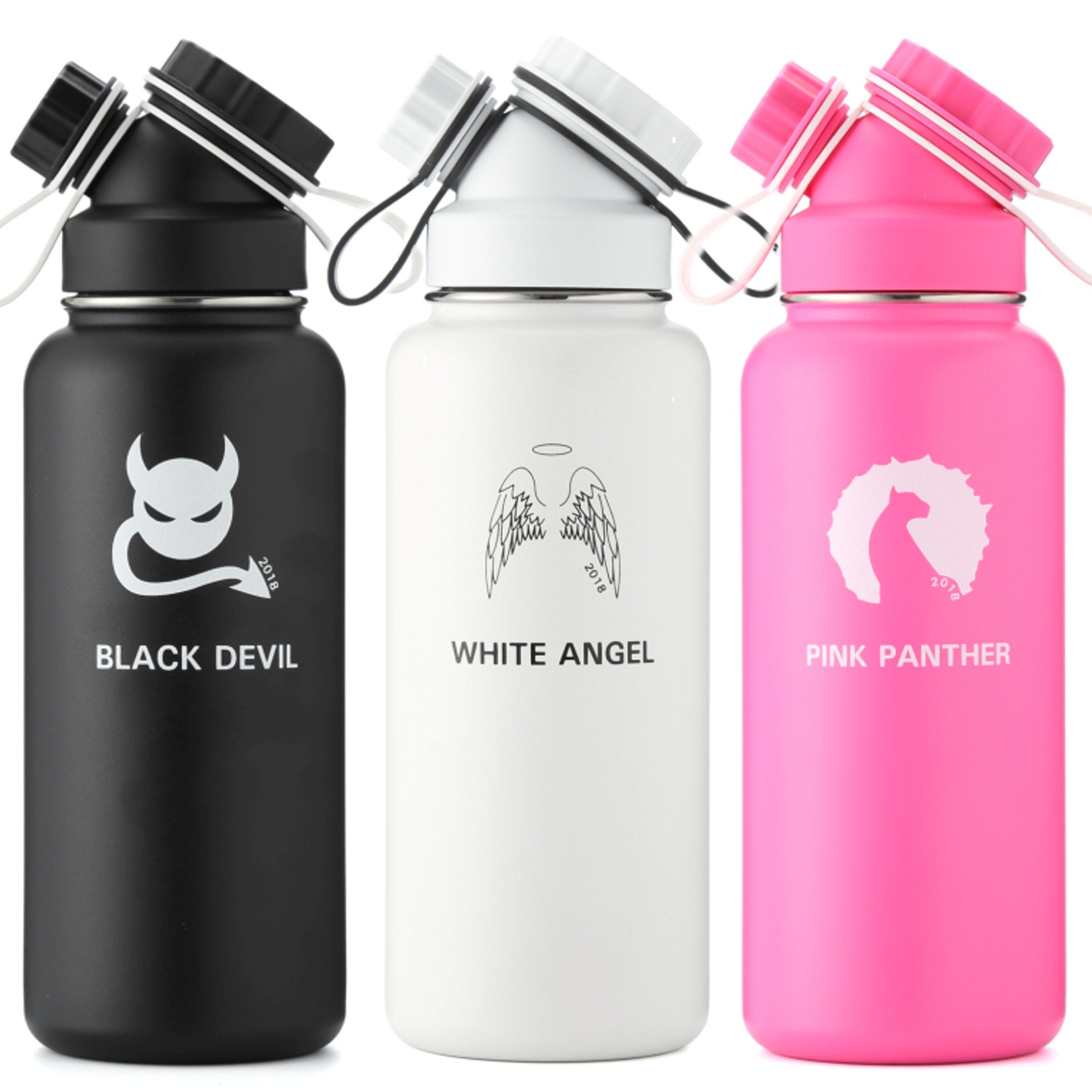 JN JuNiki´s Isolierflasche German Design Award Nominee 2019: Limitierte Sondereditionen „Black Devil“. "White Angel", "Pink Panther" Vakuum-isolierte Edelstahl Trinkflasche XL 1000ml - Auslaufsicher auch bei Kohlensäure, Besonders alltagstauglich, vom Erfinder des Double Neck® Deckels (Patent pending)