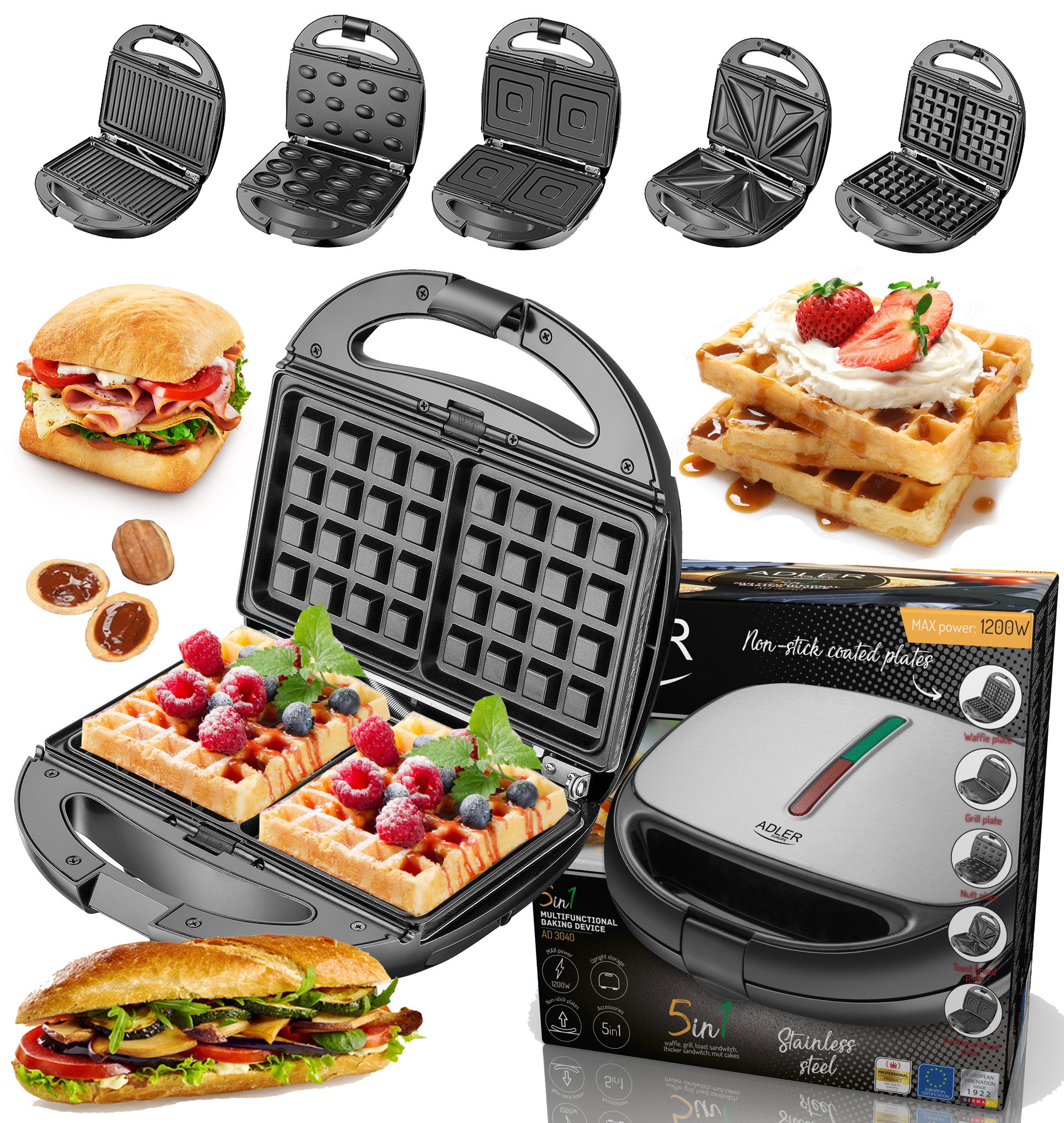 Adler 3-in-1-Kombi-Waffeleisen Adler Multifunktions-Toaster 5in1 Waffeleisen 1200W AD_3040, 1200 W