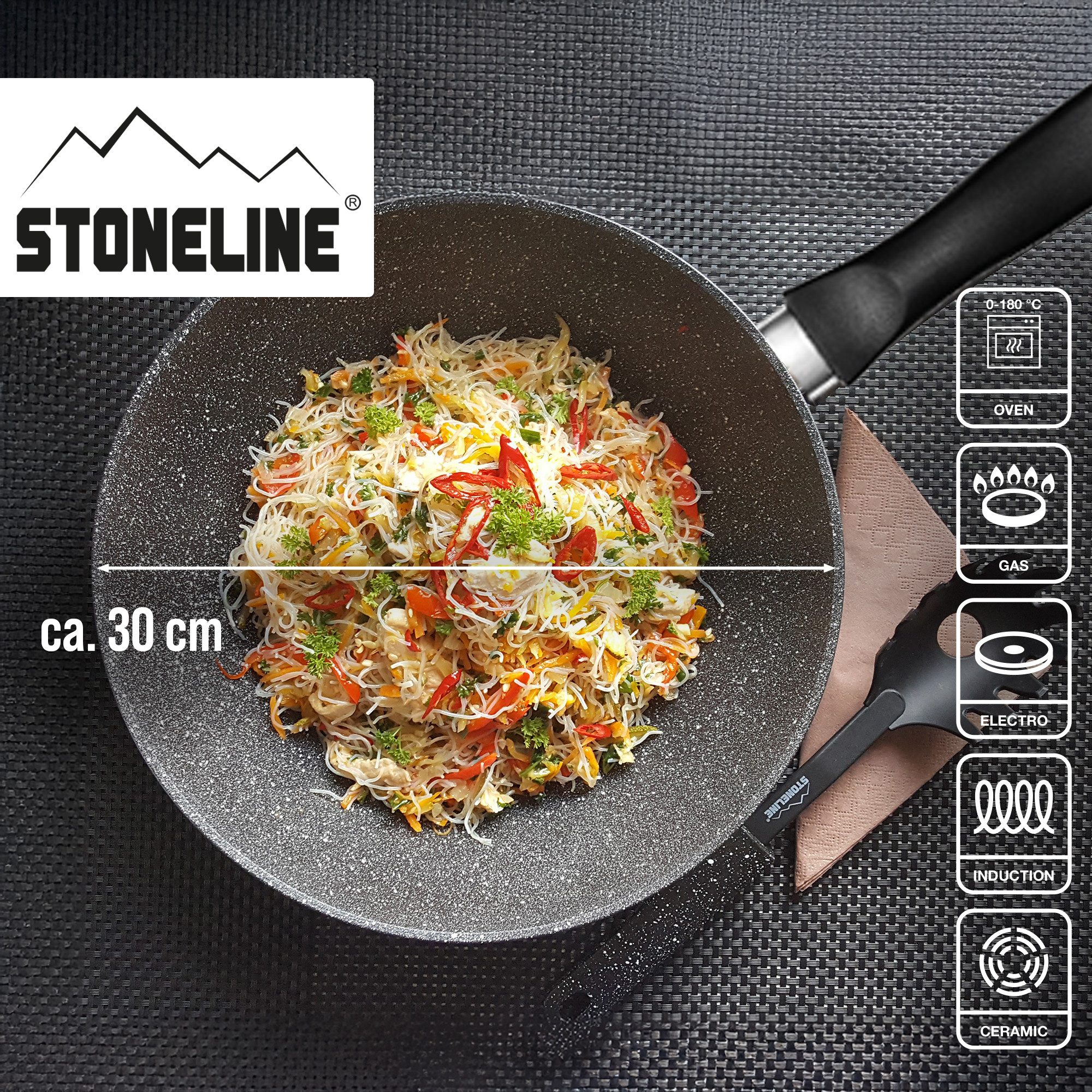 STONELINE Wok, Aluminium (1-tlg), mit echten Steinpartikeln, induktionsgeeignet, Made in Germany