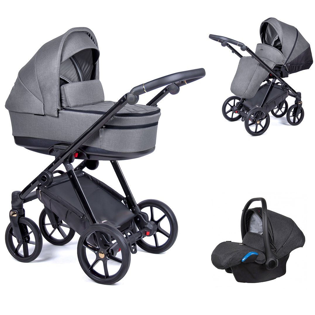 babies-on-wheels Kombi-Kinderwagen 3 in 1 Kinderwagen-Set Axxis - 15 Teile - in 24 Designs Grau = Gestell schwarz